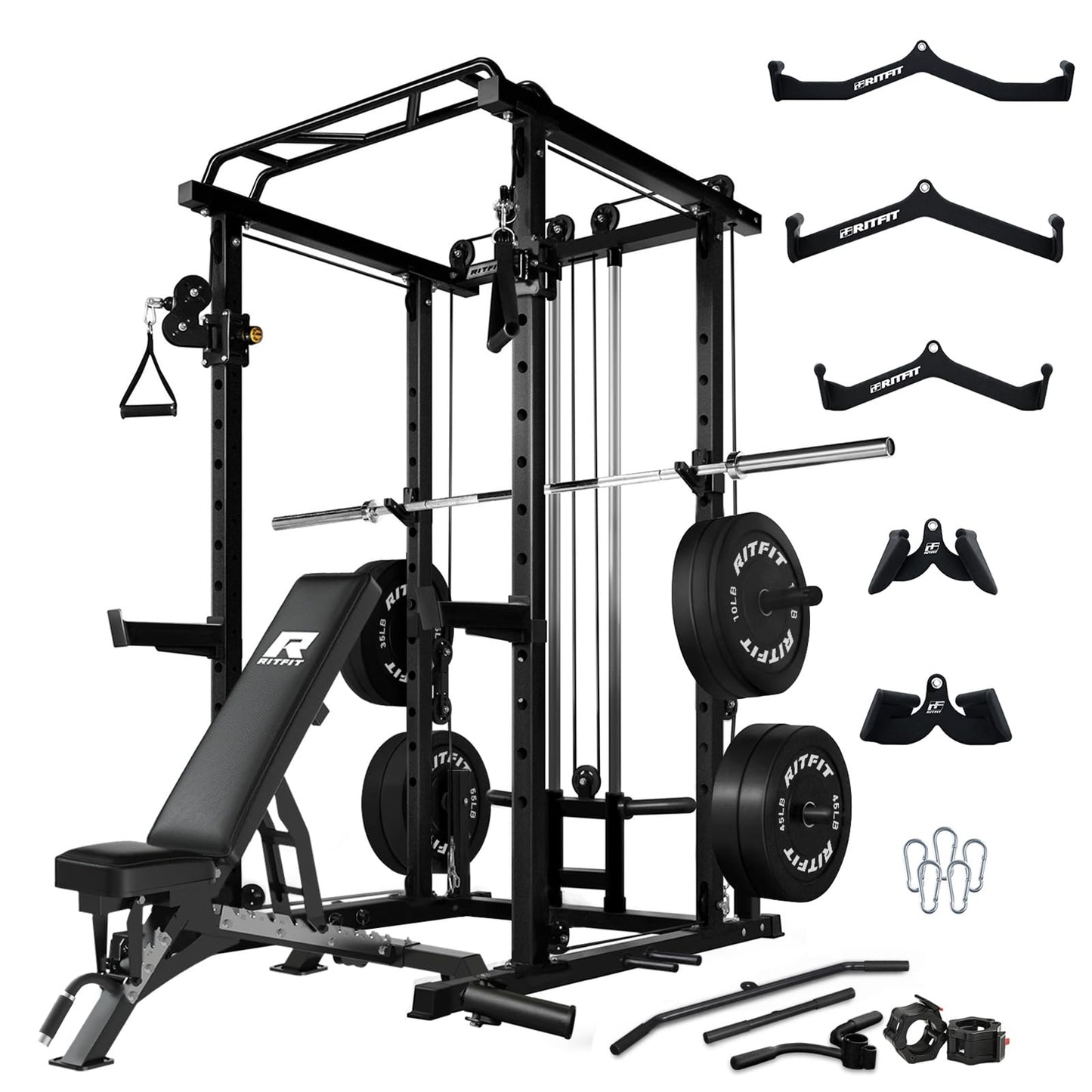 RitFit Multi-Function Squat Rack Power Cage PPC03 with Cable Crossover System, 1000LBS Capacity Power Rack and Packages with Optional Weight Bench, Barbell Weight Set, for Garage Workout & Home Gym