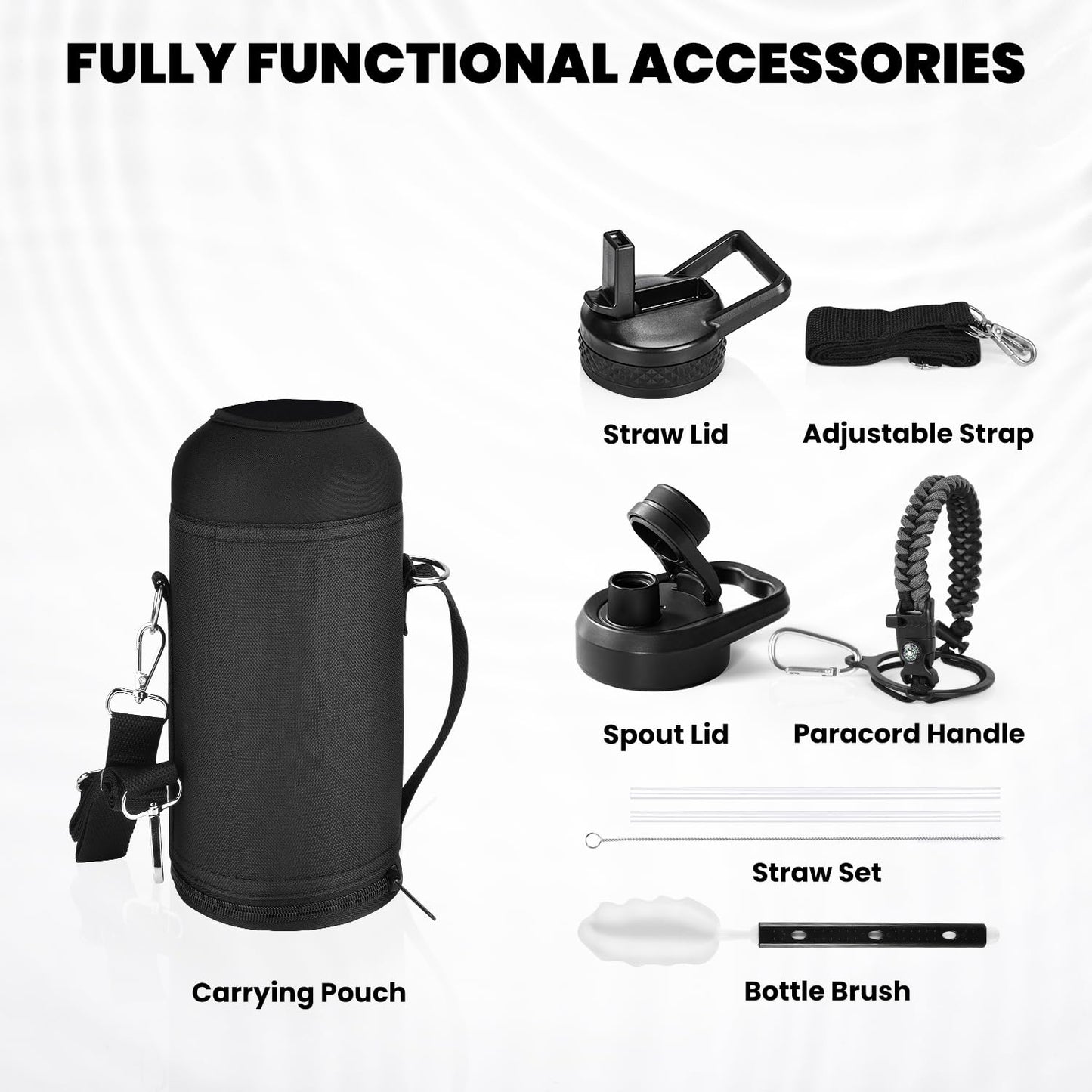 Insulated Water Bottle 64 oz, Triple Wall Vacuum Stainless Steel (Cold for 48 Hrs), Leak Proof & Non-BPA, Half Gallon Water Flask Jug with Paracord Handle & Straw Spout Lids, Magic Black