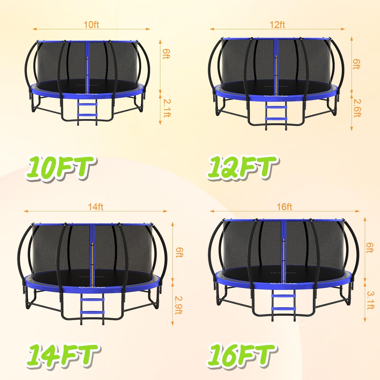 CalmMax 10FT 12FT 14FT 16FT Trampoline with Enclosure Recreational Trampolines with Ladder - ASTM Approval- Outdoor Trampoline for Kid Adults