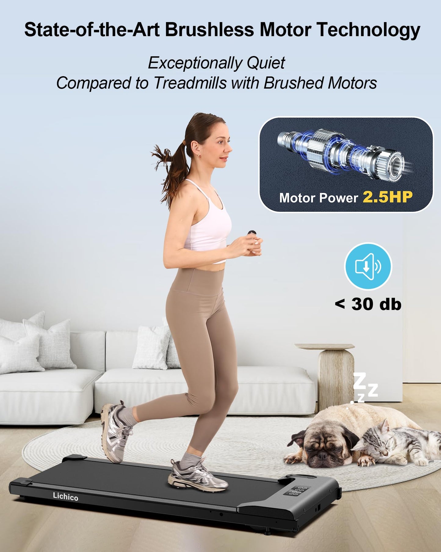 Lichico Walking Pad Under Desk Treadmill，Portable Small Treadmills for Home and Office，Super Quiet Brushless Motorized Walking Jogging Running Machine with Remote Control