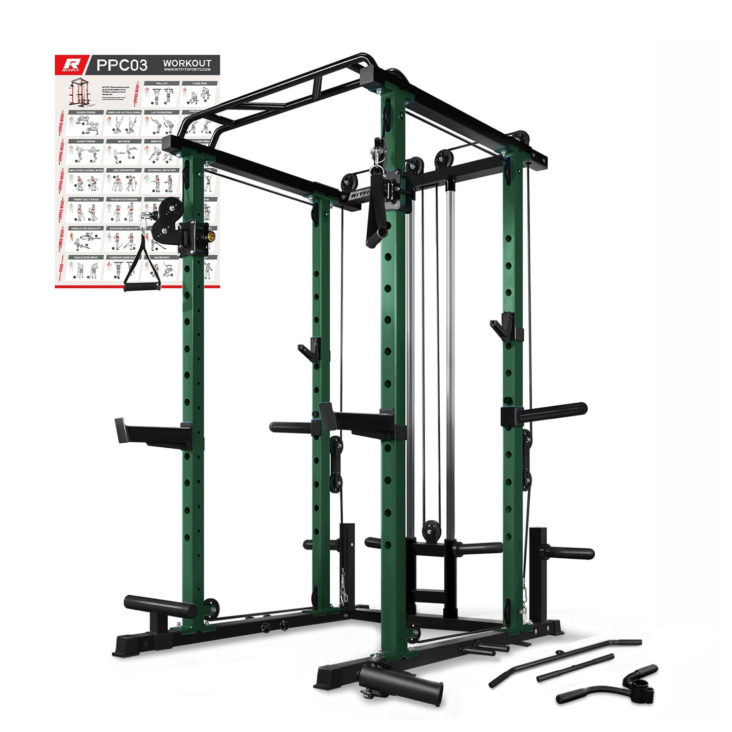 RitFit Multi-Function Squat Rack Power Cage PPC03 with Cable Crossover System, 1000LBS Capacity Power Rack and Packages with Optional Weight Bench, Barbell Weight Set, for Garage Workout & Home Gym