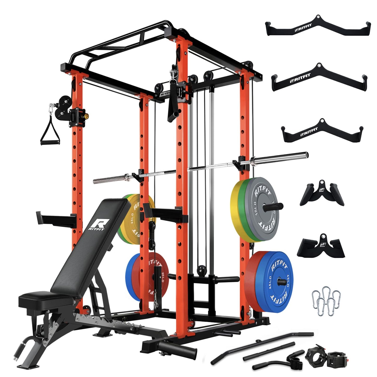 RitFit Multi-Function Squat Rack Power Cage PPC03 with Cable Crossover System, 1000LBS Capacity Power Rack and Packages with Optional Weight Bench, Barbell Weight Set, for Garage Workout & Home Gym