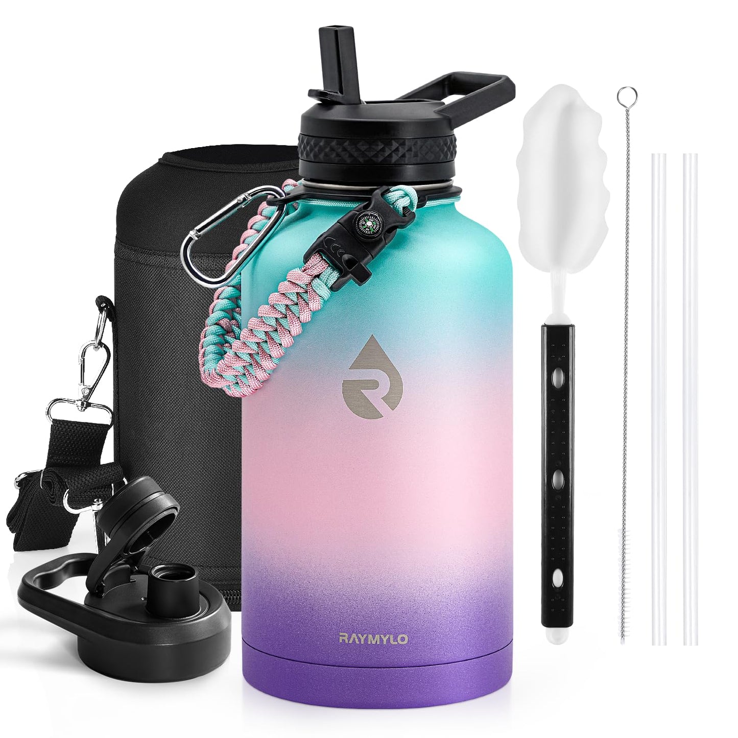 Insulated Water Bottle 64 oz, Triple Wall Vacuum Stainless Steel (Cold for 48 Hrs), Leak Proof & Non-BPA, Half Gallon Water Flask Jug with Paracord Handle & Straw Spout Lids, Magic Black