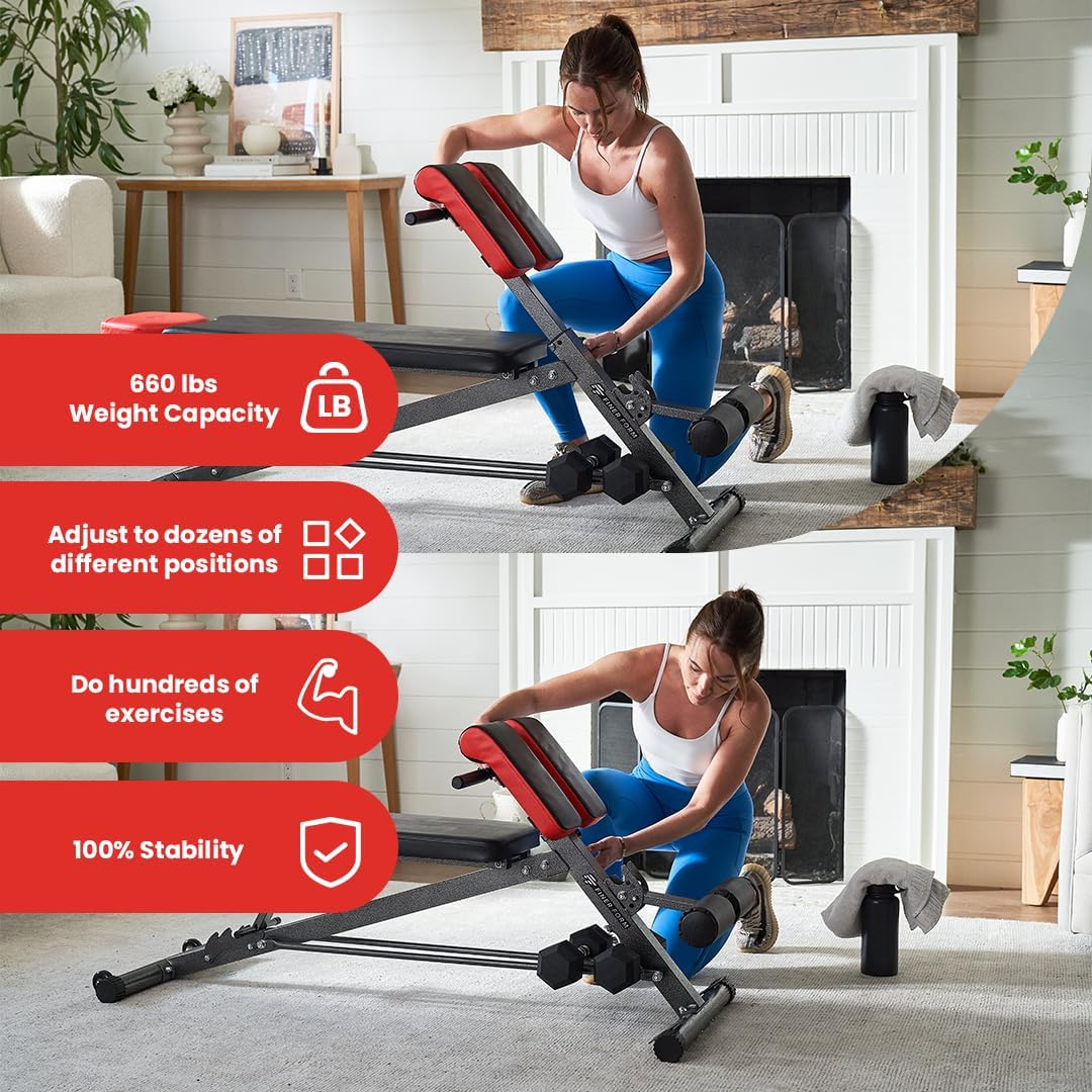 Finer Form Multi-Functional Weight Bench for Full All-in-One Body Workout – Versatile Adjustable Workout Bench for Home Gym. Fitness equipment perfect for Back HyperExtension, Bench Press, Roman Chair Exercise, Sit up. Adjusts to Decline or Flat Bench.