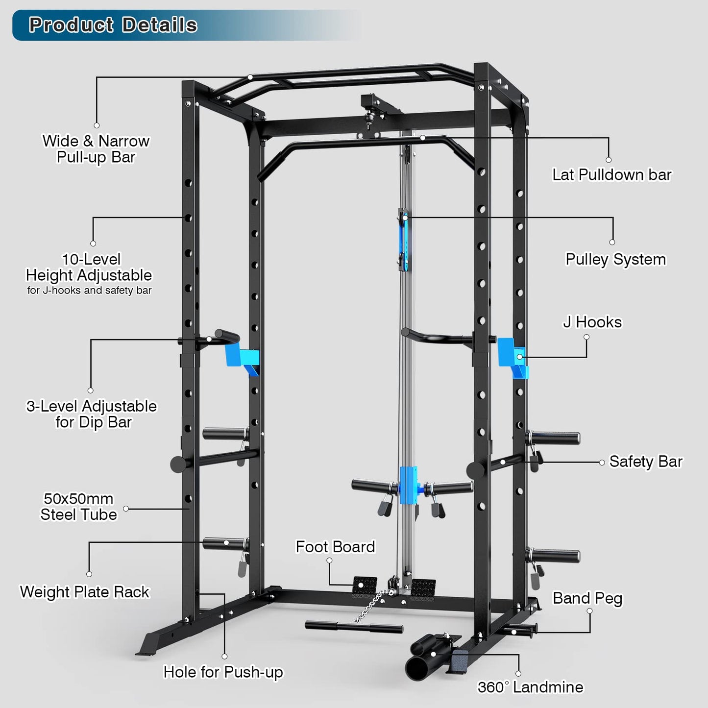 Power Cage, Multi-Functional Power Rack with J-Hooks, Dip Handles, Landmine Attachment and Optional Cable Pulley System for Home Gym