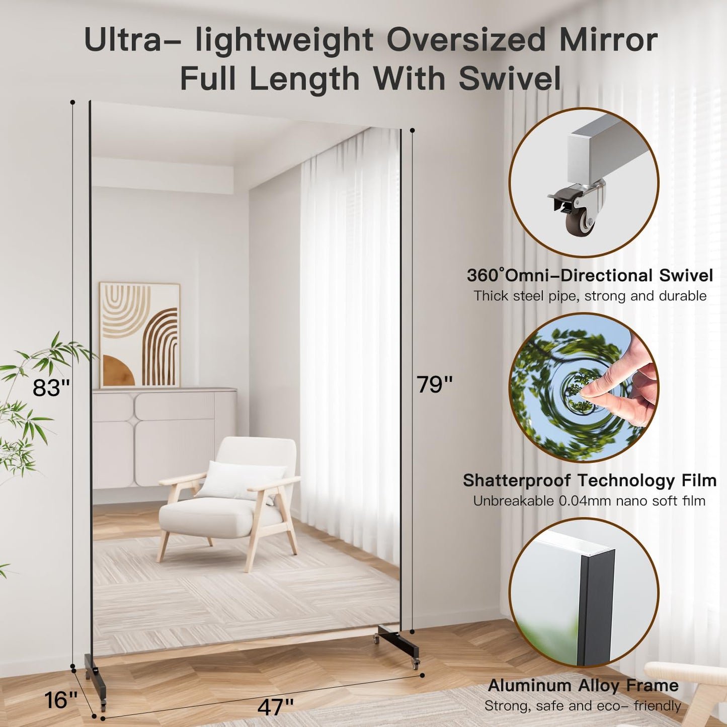 brisafe Home Gym Mirror 360° Swivel on Wheels, 67" X 40" Extra Large Full Body Rolling Mirror for Yoga, Nano Film Super Lightweight Unbreakable Full Length Mirror, White