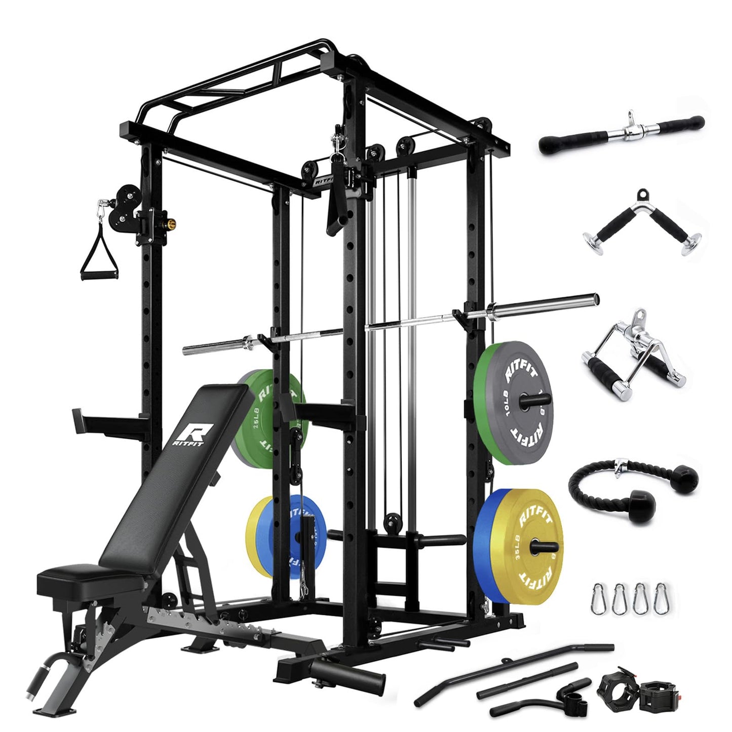 RitFit Multi-Function Squat Rack Power Cage PPC03 with Cable Crossover System, 1000LBS Capacity Power Rack and Packages with Optional Weight Bench, Barbell Weight Set, for Garage Workout & Home Gym