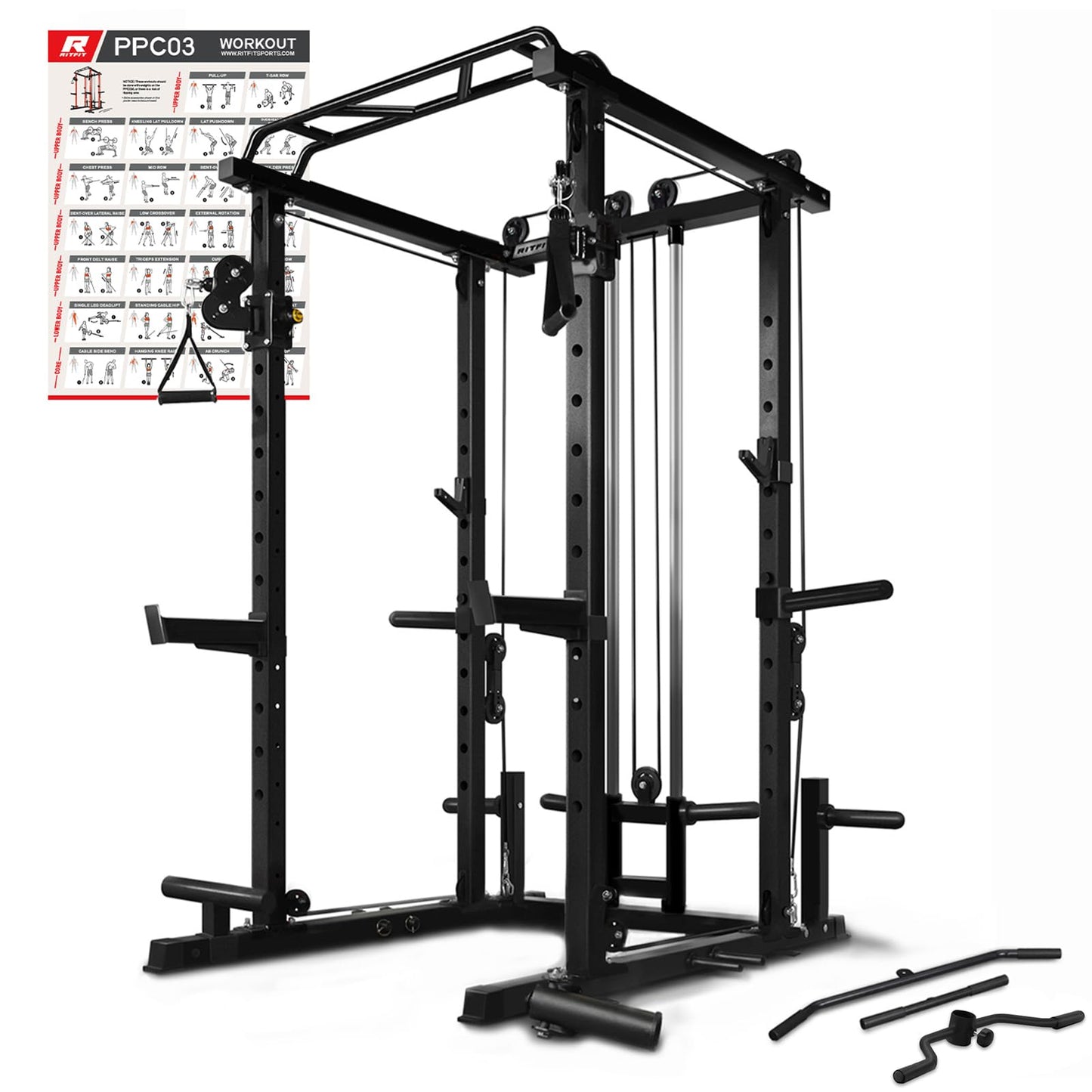 RitFit Multi-Function Squat Rack Power Cage PPC03 with Cable Crossover System, 1000LBS Capacity Power Rack and Packages with Optional Weight Bench, Barbell Weight Set, for Garage Workout & Home Gym