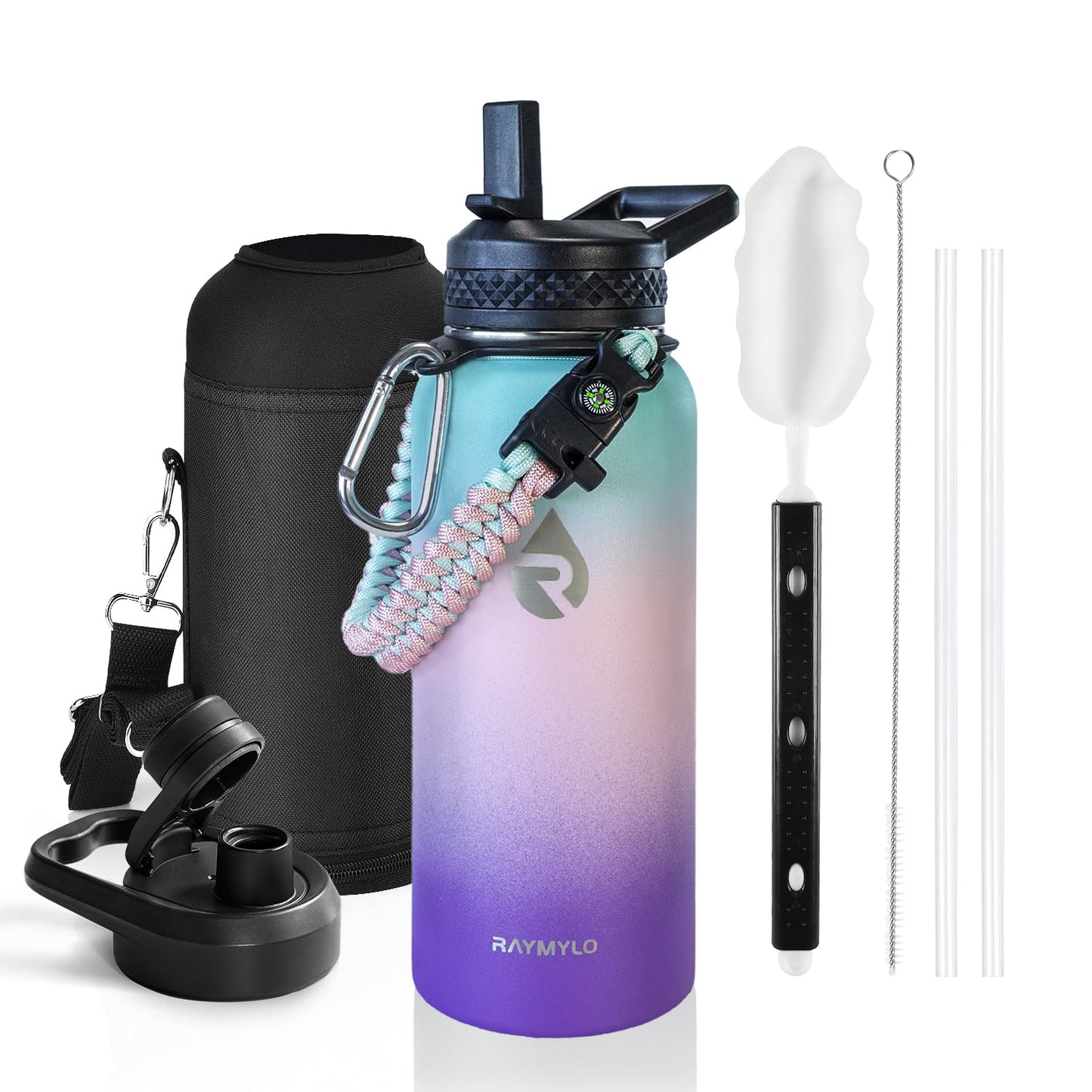 Insulated Water Bottle 64 oz, Triple Wall Vacuum Stainless Steel (Cold for 48 Hrs), Leak Proof & Non-BPA, Half Gallon Water Flask Jug with Paracord Handle & Straw Spout Lids, Magic Black