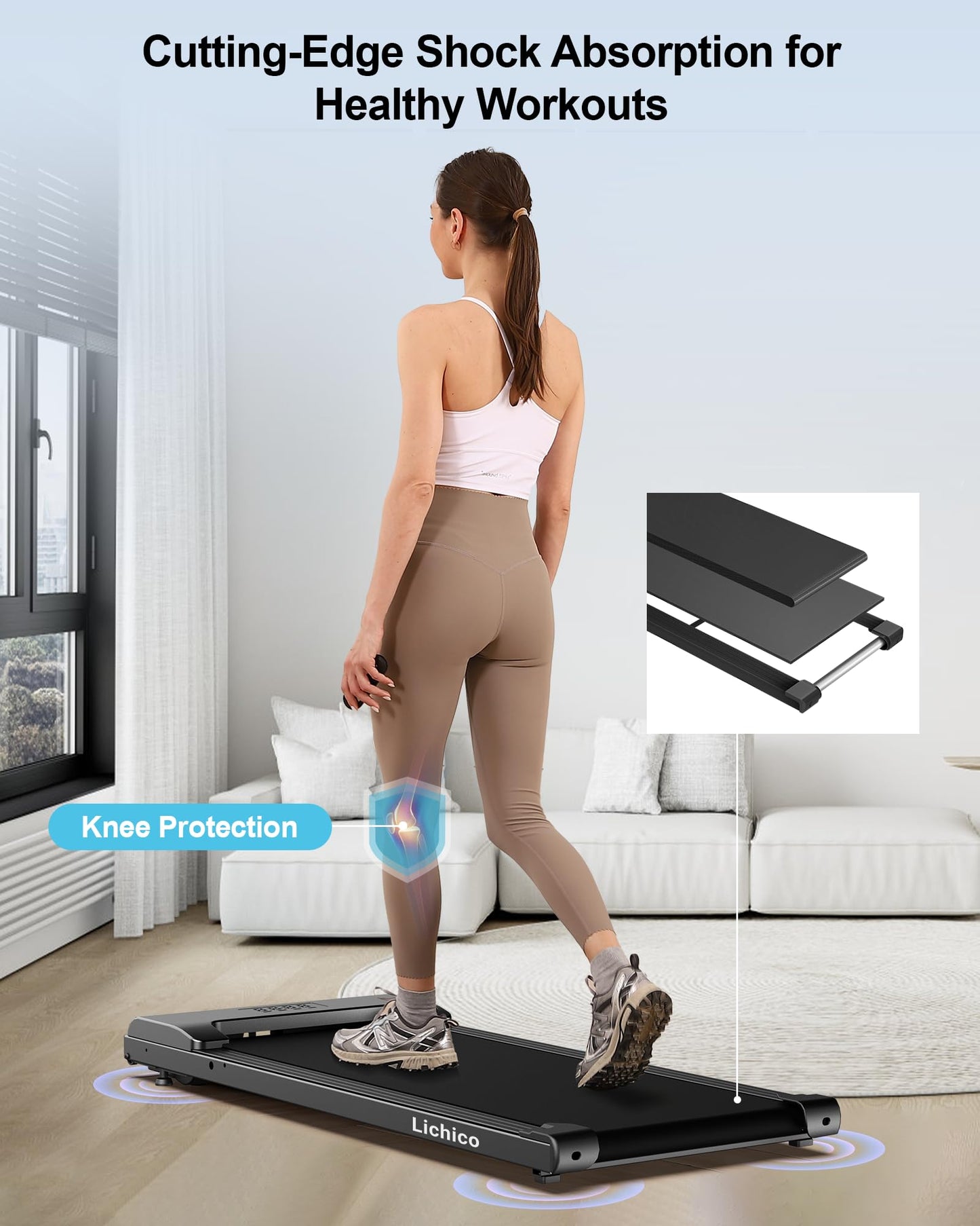 Lichico Walking Pad Under Desk Treadmill，Portable Small Treadmills for Home and Office，Super Quiet Brushless Motorized Walking Jogging Running Machine with Remote Control