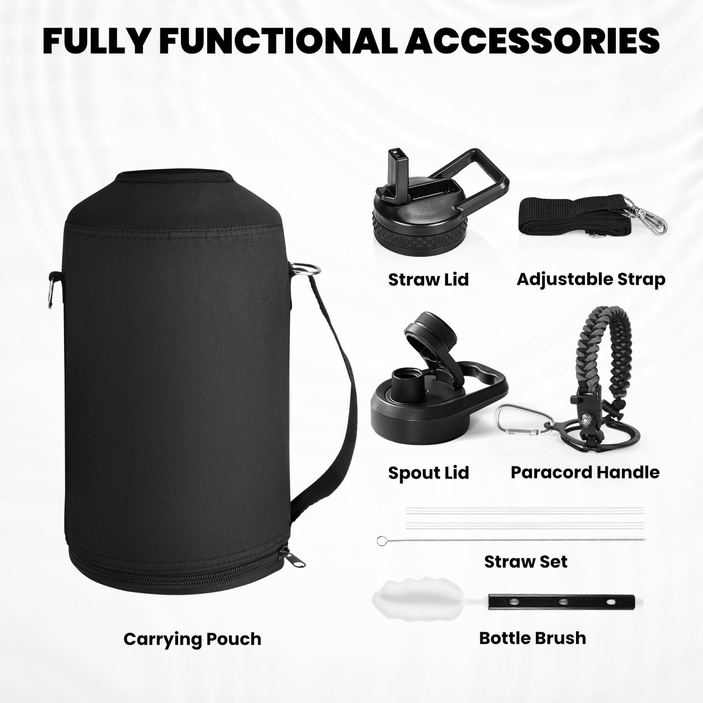 Insulated Water Bottle 64 oz, Triple Wall Vacuum Stainless Steel (Cold for 48 Hrs), Leak Proof & Non-BPA, Half Gallon Water Flask Jug with Paracord Handle & Straw Spout Lids, Magic Black