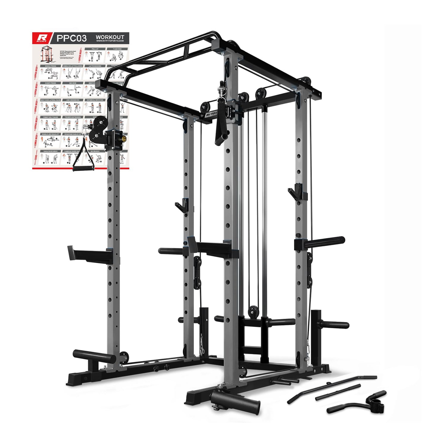 RitFit Multi-Function Squat Rack Power Cage PPC03 with Cable Crossover System, 1000LBS Capacity Power Rack and Packages with Optional Weight Bench, Barbell Weight Set, for Garage Workout & Home Gym