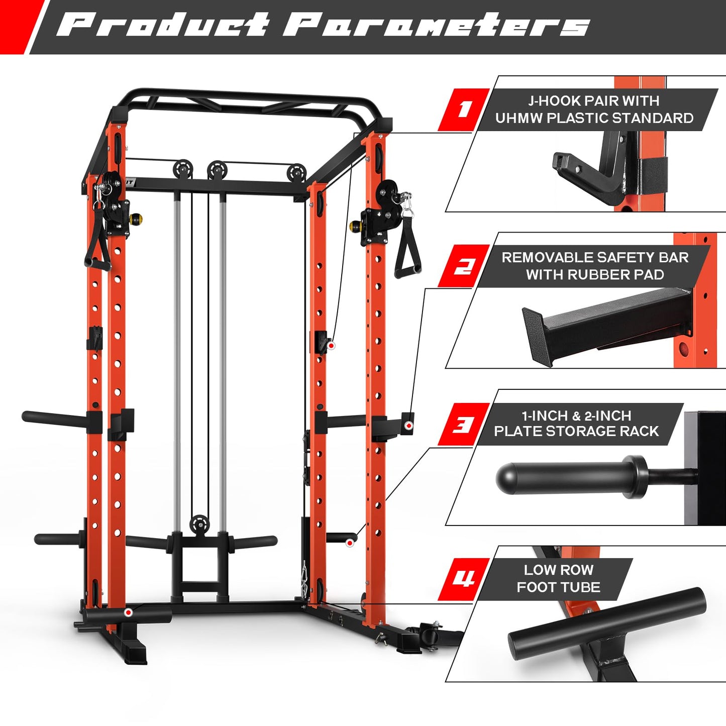 RitFit Multi-Function Squat Rack Power Cage PPC03 with Cable Crossover System, 1000LBS Capacity Power Rack and Packages with Optional Weight Bench, Barbell Weight Set, for Garage Workout & Home Gym