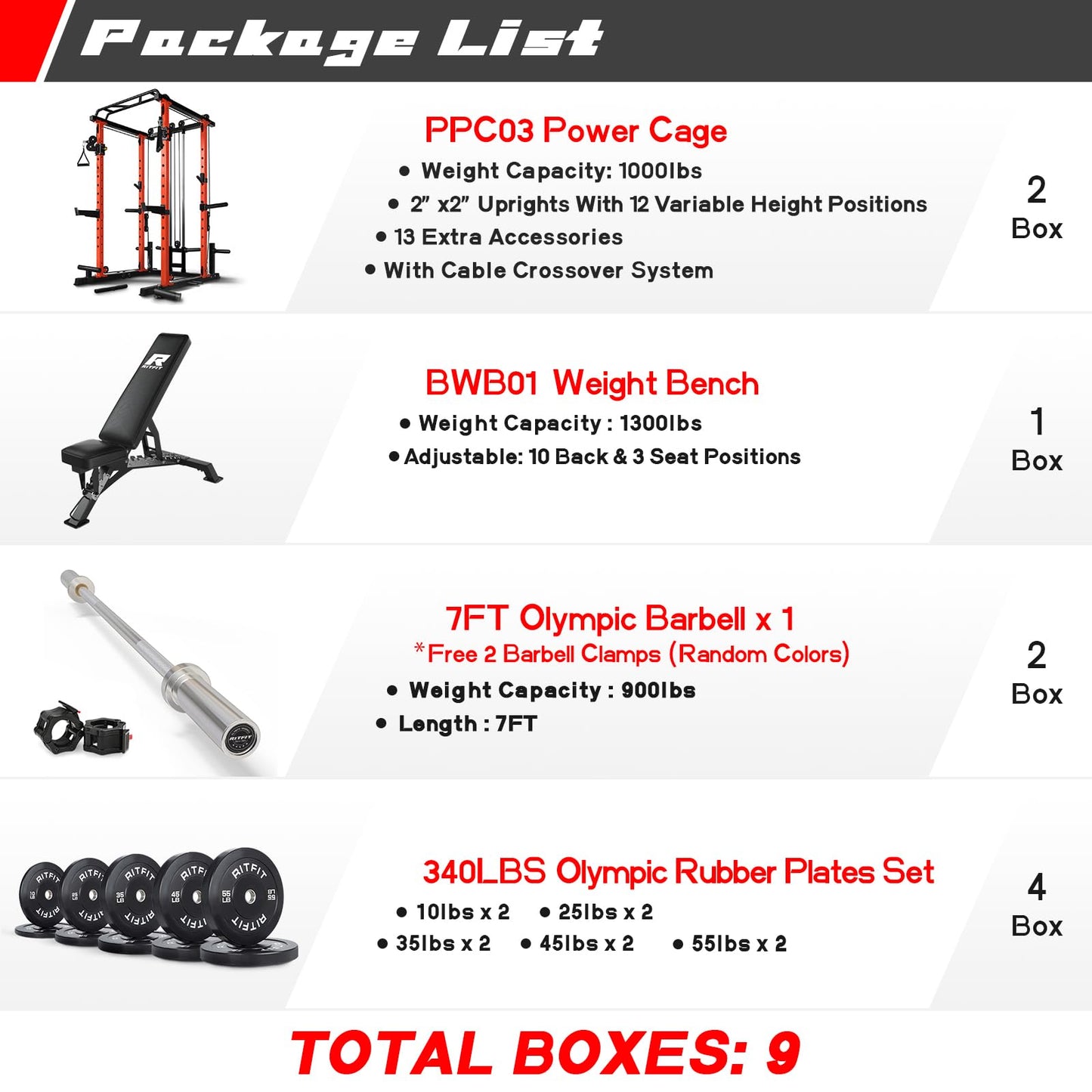 RitFit Multi-Function Squat Rack Power Cage PPC03 with Cable Crossover System, 1000LBS Capacity Power Rack and Packages with Optional Weight Bench, Barbell Weight Set, for Garage Workout & Home Gym