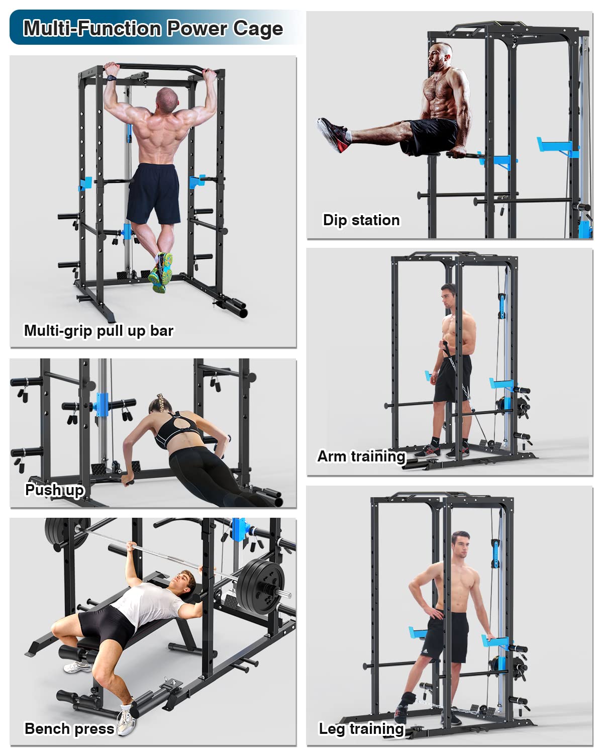 Power Cage, Multi-Functional Power Rack with J-Hooks, Dip Handles, Landmine Attachment and Optional Cable Pulley System for Home Gym