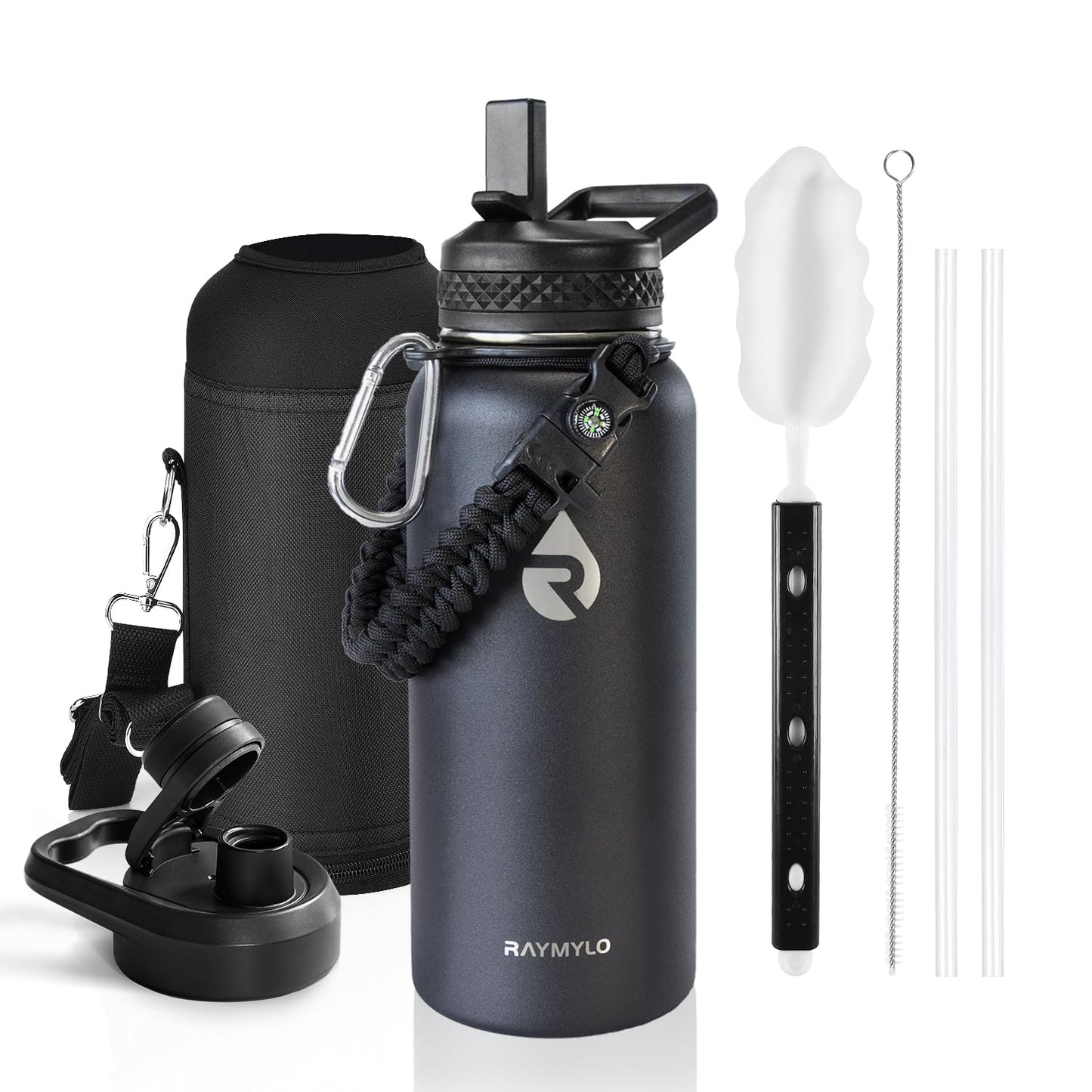 Insulated Water Bottle 64 oz, Triple Wall Vacuum Stainless Steel (Cold for 48 Hrs), Leak Proof & Non-BPA, Half Gallon Water Flask Jug with Paracord Handle & Straw Spout Lids, Magic Black