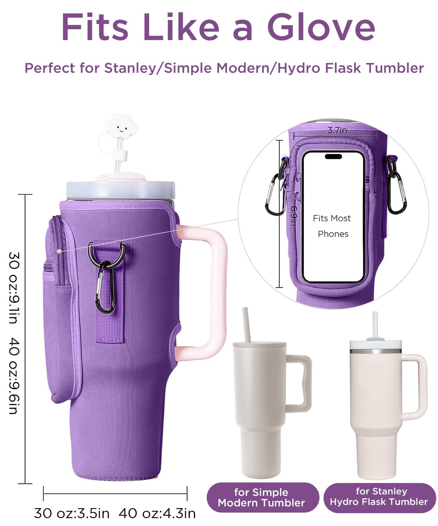 dabria Water Bottle Carrier Bag with Phone Pocket for Stanley 40/30 oz Tumbler Neoprene Water Bottle Holder Pouch with Adjustable Strap Bollus with Straw Cover & Carabiner for Stanley Cup Accessories