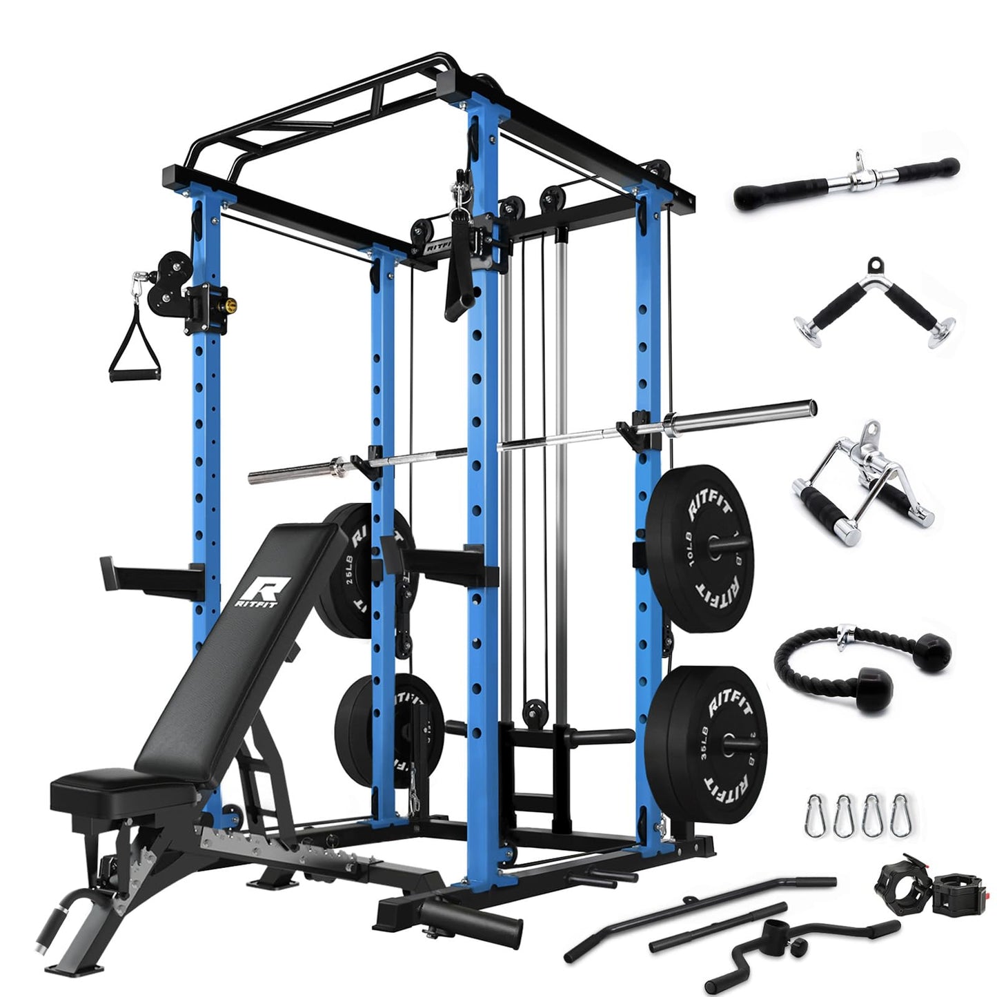 RitFit Multi-Function Squat Rack Power Cage PPC03 with Cable Crossover System, 1000LBS Capacity Power Rack and Packages with Optional Weight Bench, Barbell Weight Set, for Garage Workout & Home Gym