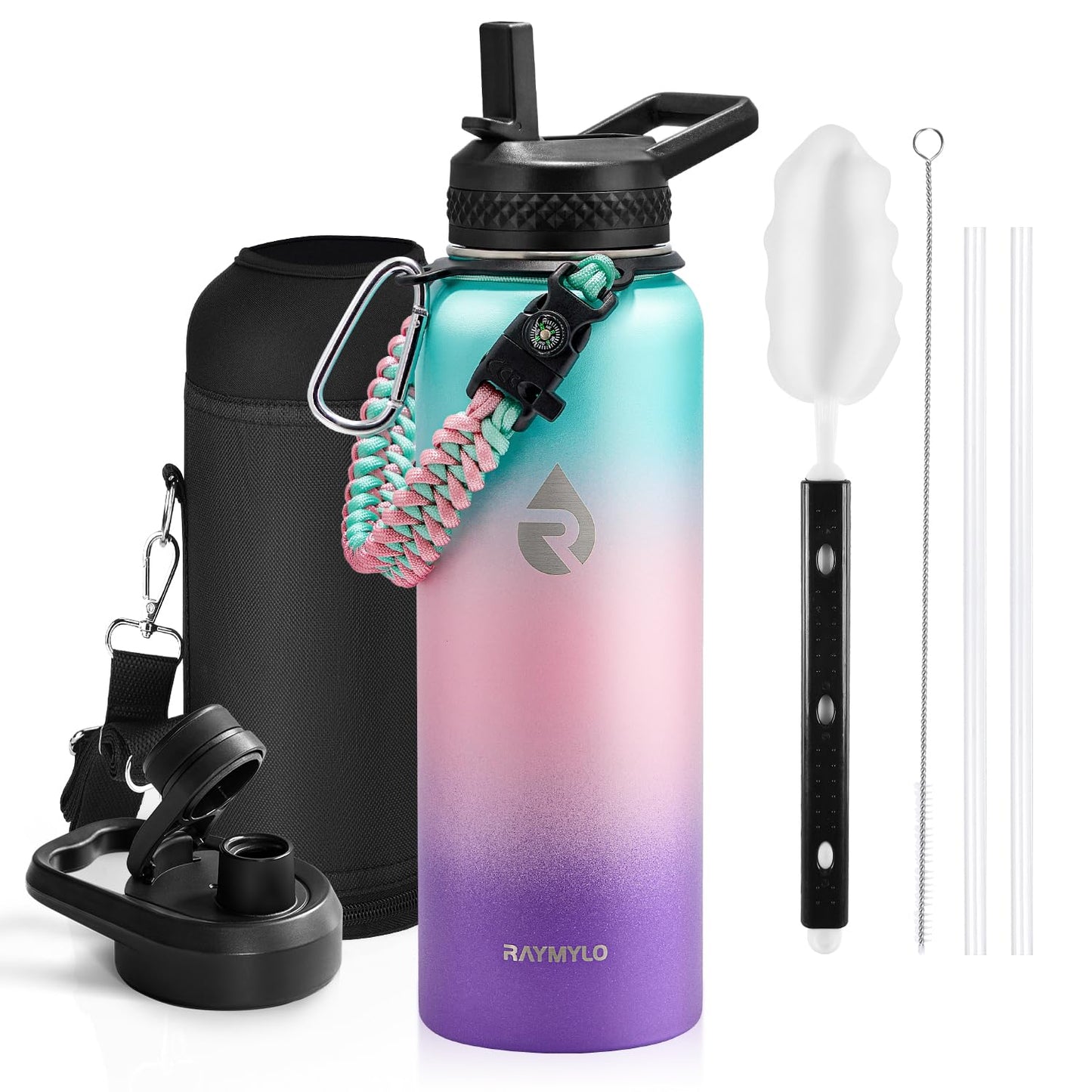 Insulated Water Bottle 64 oz, Triple Wall Vacuum Stainless Steel (Cold for 48 Hrs), Leak Proof & Non-BPA, Half Gallon Water Flask Jug with Paracord Handle & Straw Spout Lids, Magic Black