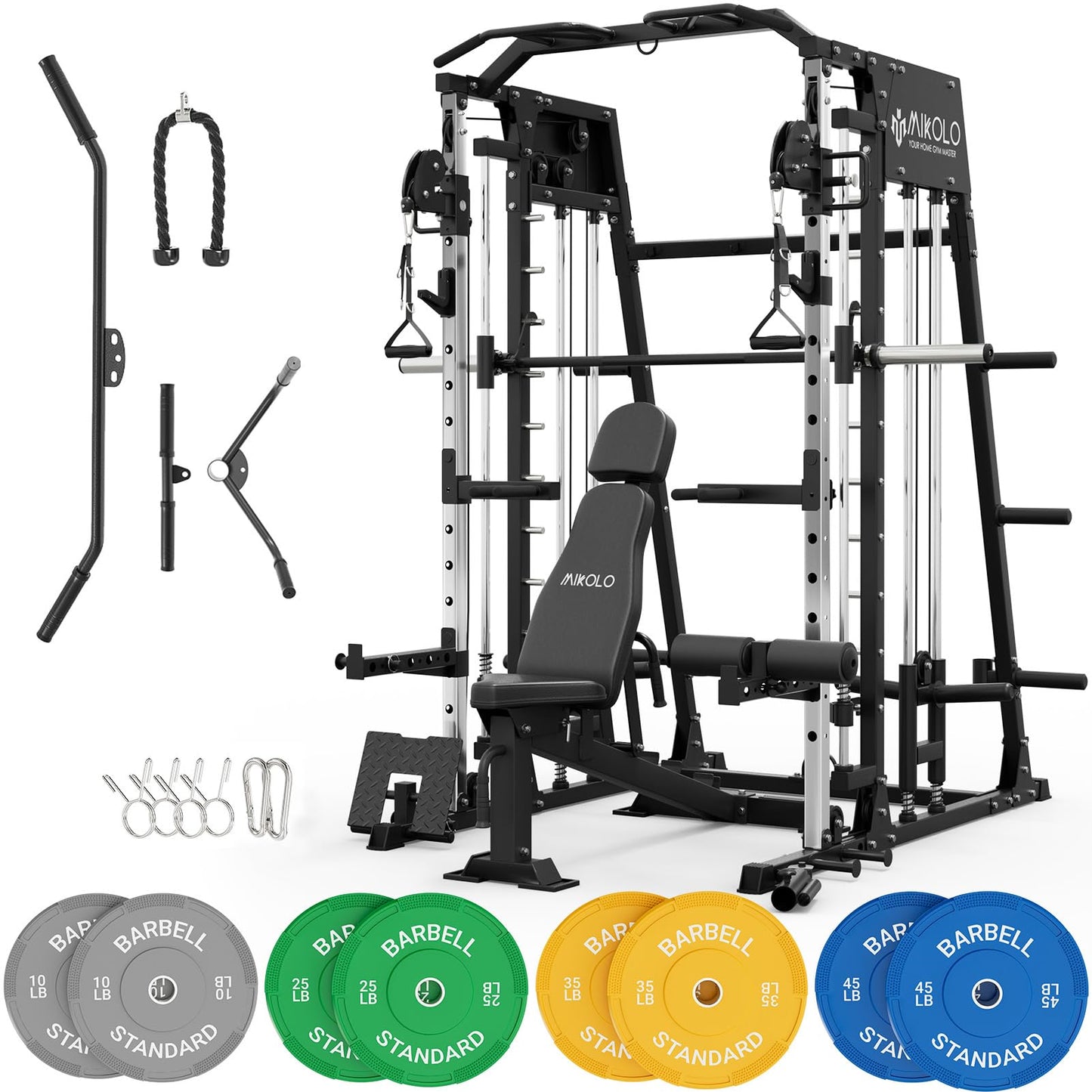 Mikolo Smith Machine, 2200lbs Squat Rack with LAT-Pull Down System & Cable Crossover Machine, Training Equipment with Leg Hold-Down Attachment, Garage & Home Gym Package