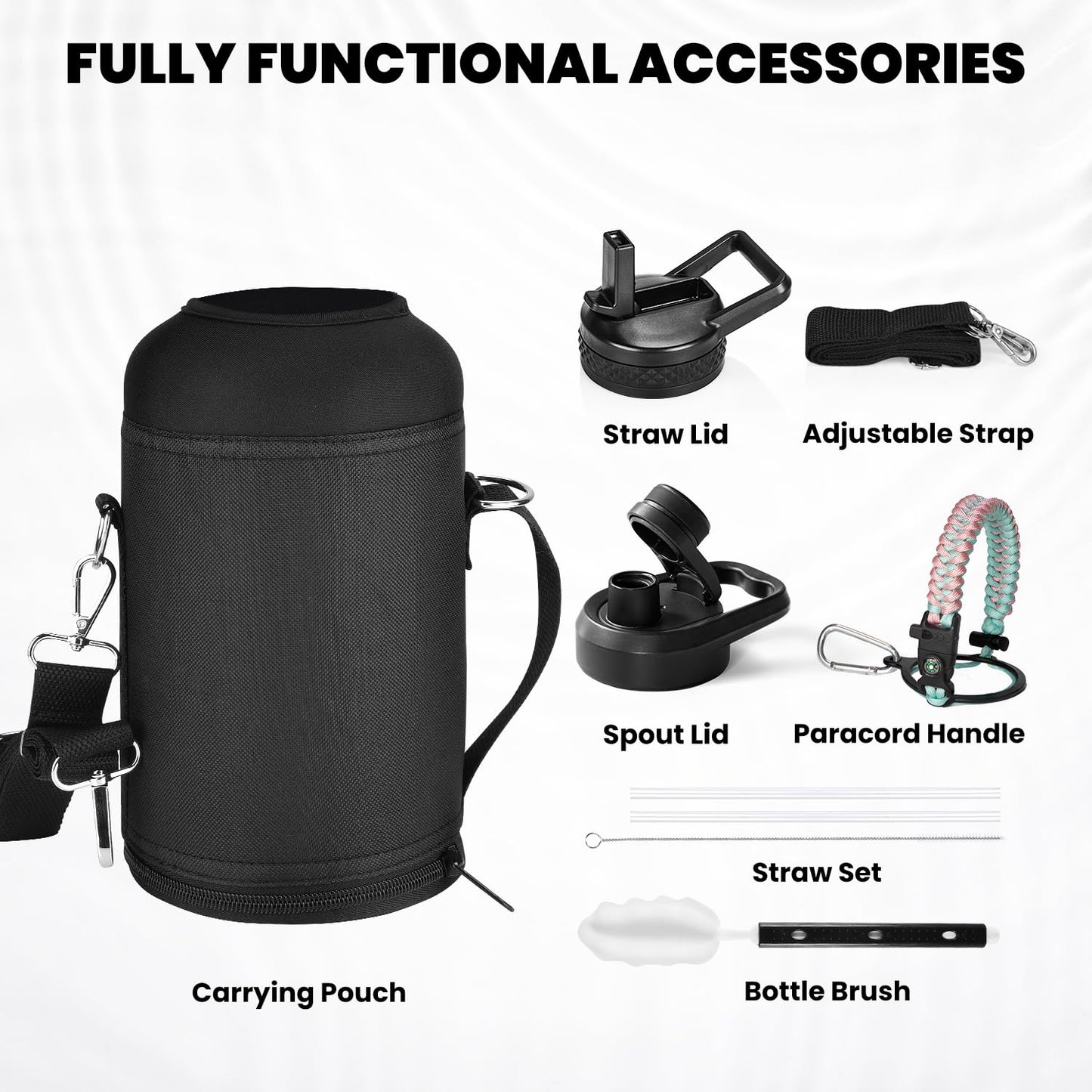 Insulated Water Bottle 64 oz, Triple Wall Vacuum Stainless Steel (Cold for 48 Hrs), Leak Proof & Non-BPA, Half Gallon Water Flask Jug with Paracord Handle & Straw Spout Lids, Magic Black