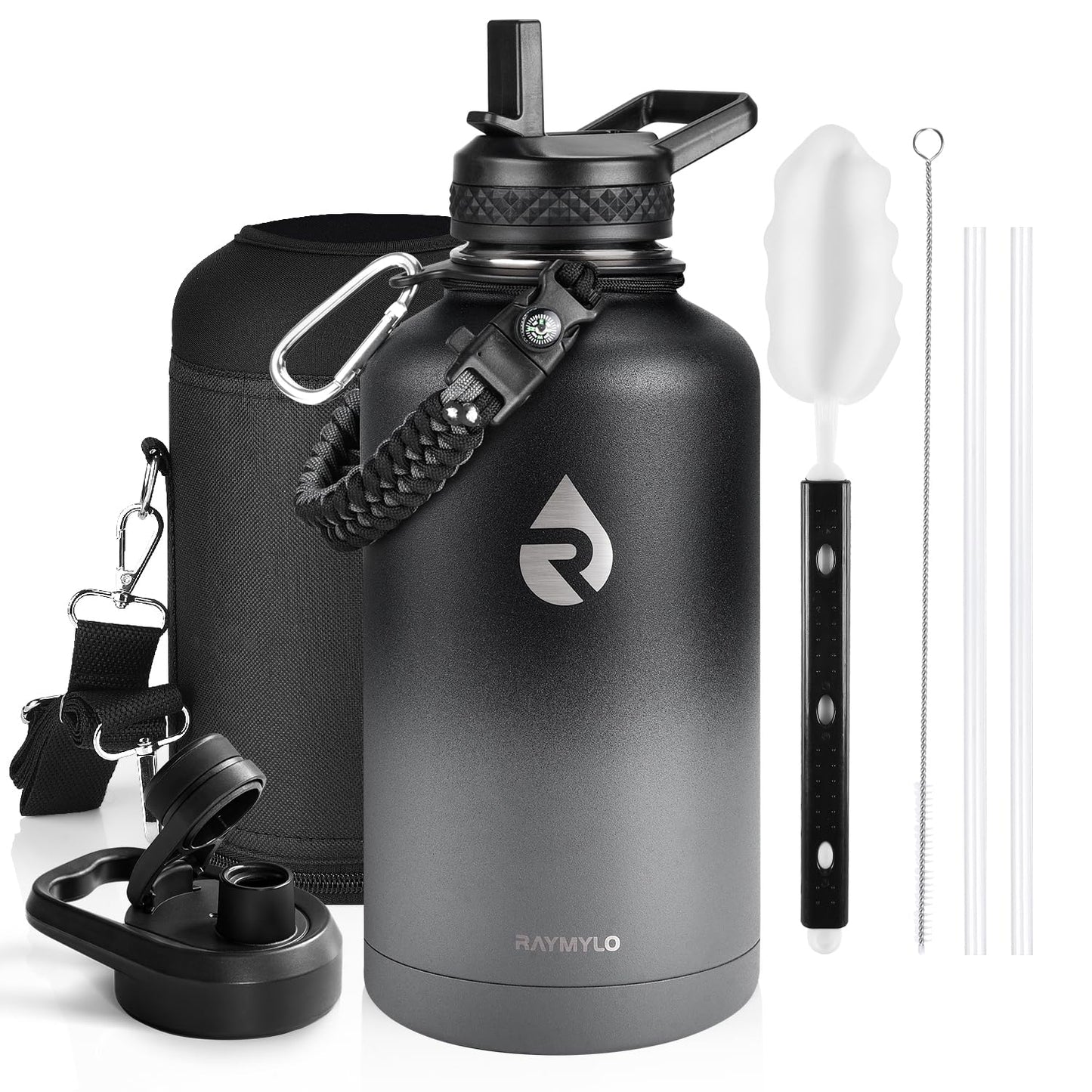 Insulated Water Bottle 64 oz, Triple Wall Vacuum Stainless Steel (Cold for 48 Hrs), Leak Proof & Non-BPA, Half Gallon Water Flask Jug with Paracord Handle & Straw Spout Lids, Magic Black