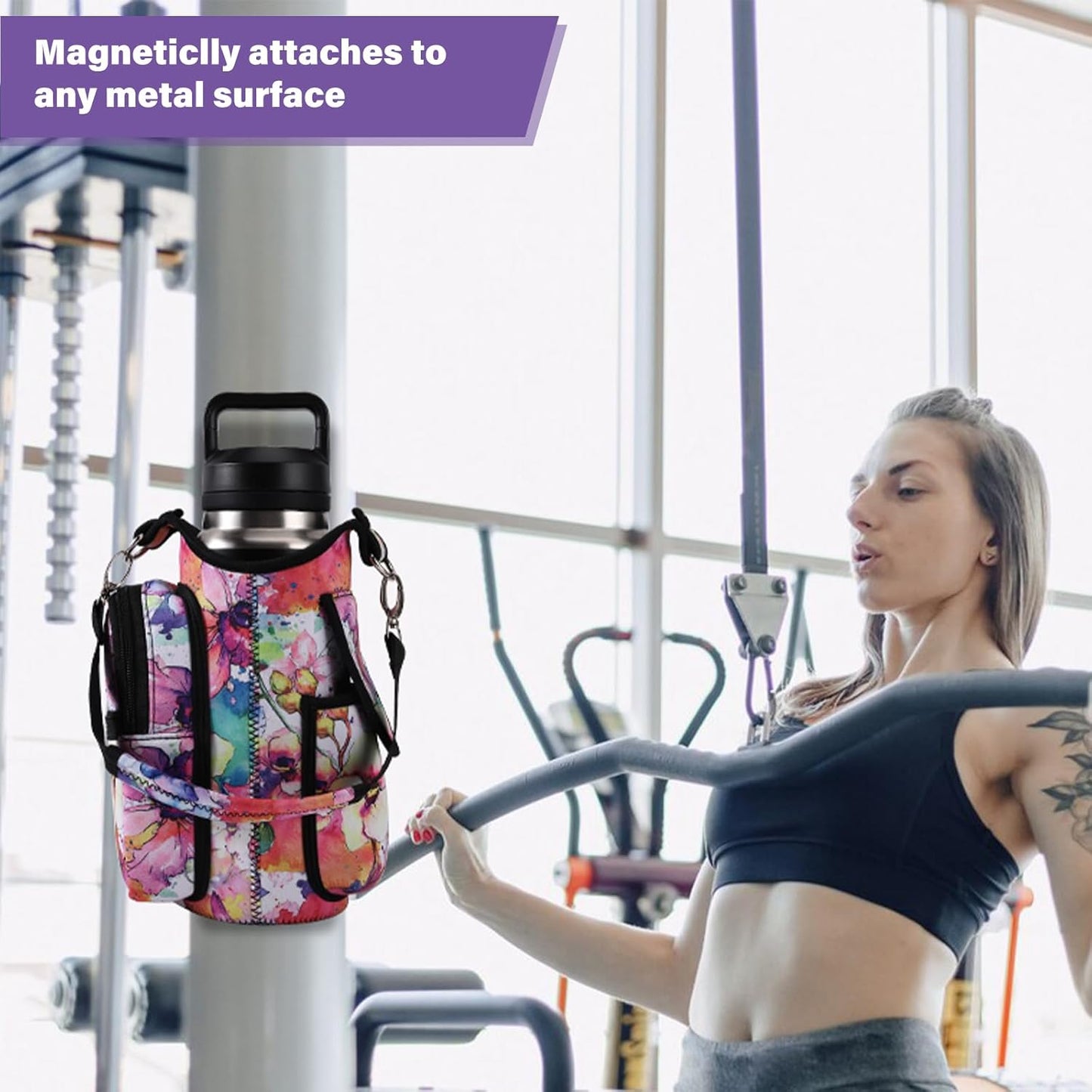 icolor 3pcs Gym Magnetic Bag 18~40oz Water Bottle Holder Gym Bottle Carrier Shoulder Strap Bag with Phone Pockets & Gym Accessories Organizer for Men Women,5 Magnets Gym Phone Bag Pouch Sleeve