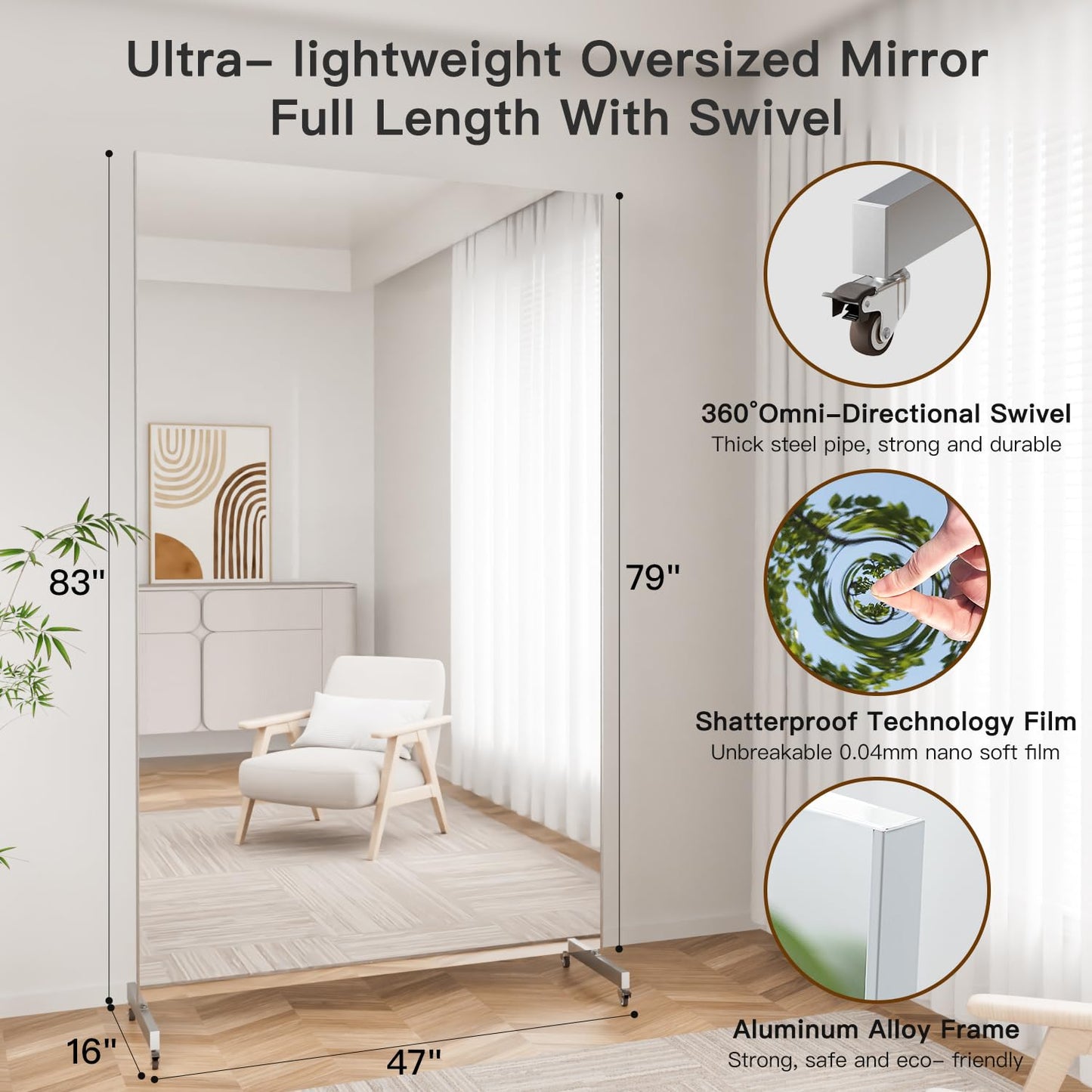 brisafe Home Gym Mirror 360° Swivel on Wheels, 67" X 40" Extra Large Full Body Rolling Mirror for Yoga, Nano Film Super Lightweight Unbreakable Full Length Mirror, White