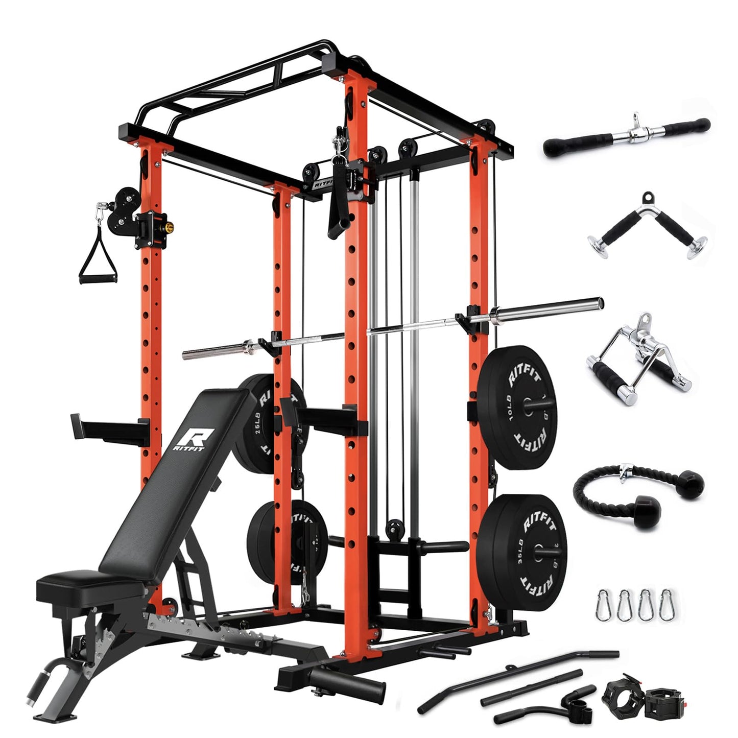 RitFit Multi-Function Squat Rack Power Cage PPC03 with Cable Crossover System, 1000LBS Capacity Power Rack and Packages with Optional Weight Bench, Barbell Weight Set, for Garage Workout & Home Gym