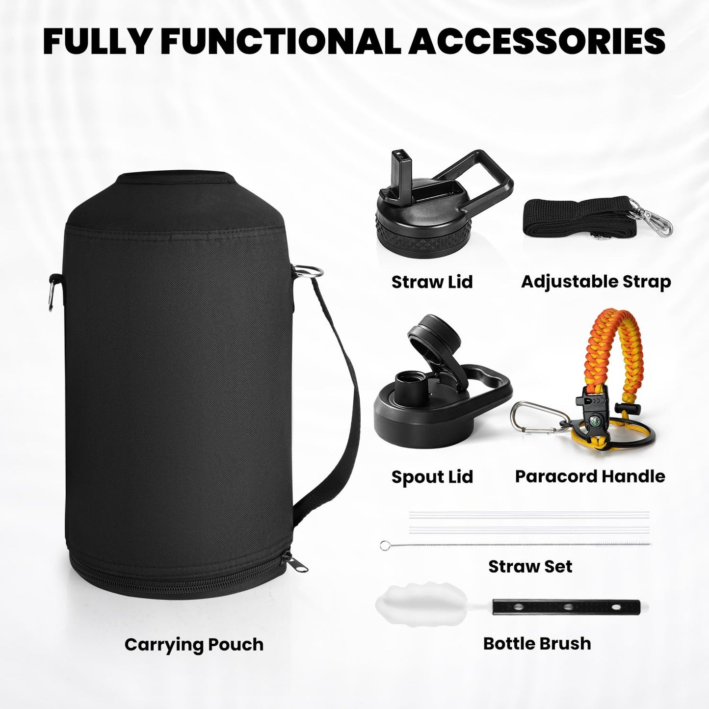 Insulated Water Bottle 64 oz, Triple Wall Vacuum Stainless Steel (Cold for 48 Hrs), Leak Proof & Non-BPA, Half Gallon Water Flask Jug with Paracord Handle & Straw Spout Lids, Magic Black