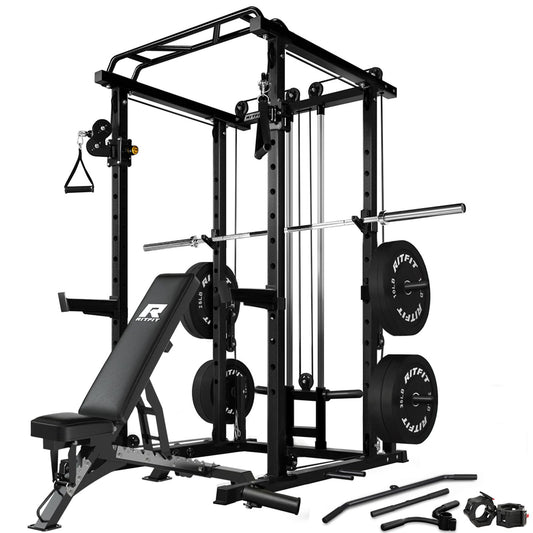 RitFit Multi-Function Squat Rack Power Cage PPC03 with Cable Crossover System, 1000LBS Capacity Power Rack and Packages with Optional Weight Bench, Barbell Weight Set, for Garage Workout & Home Gym