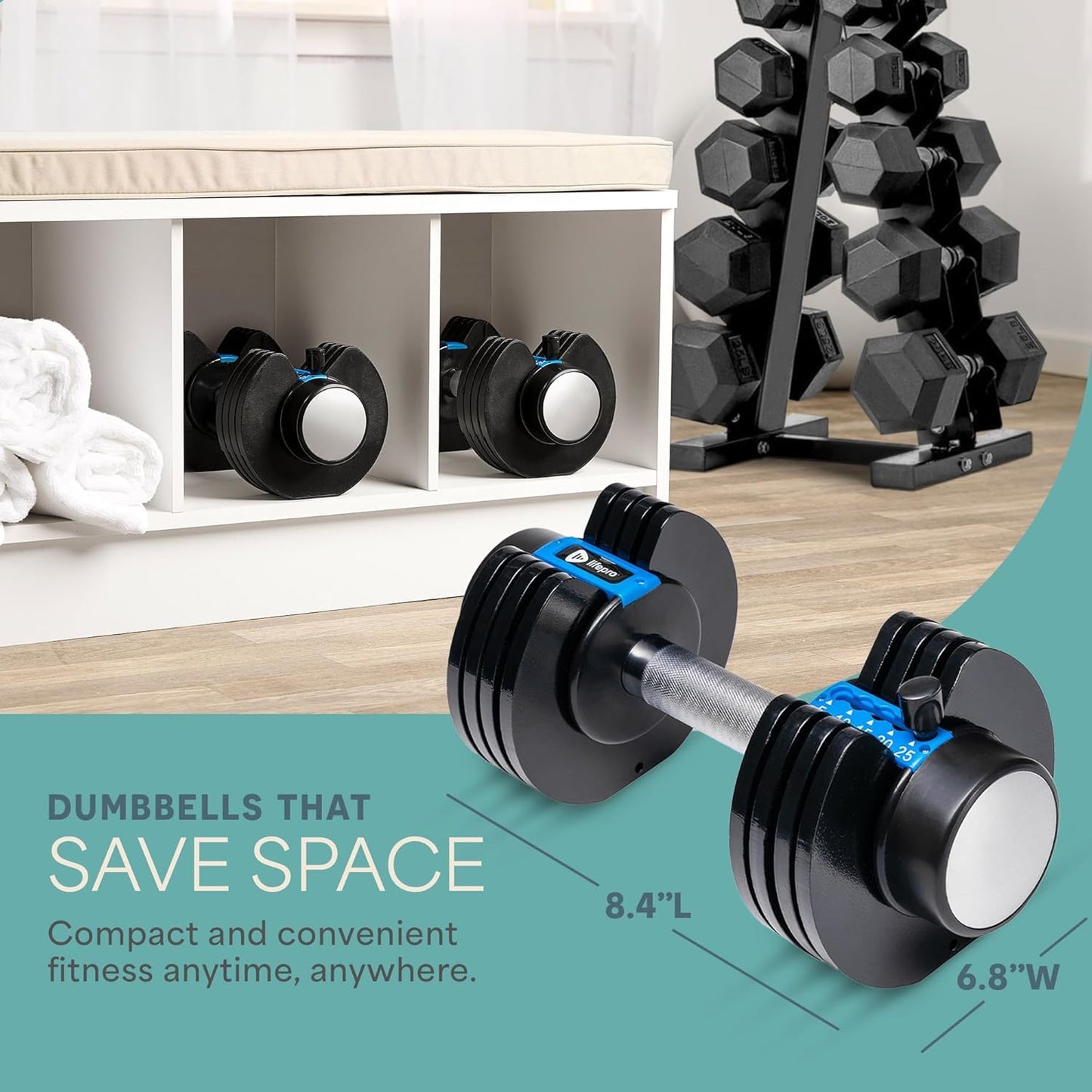 Lifepro Adjustable Dumbbells Set/Single - 15lb 43lb 55lb 25 lb Dumbbell Sets with Rack - Quick Adjust, Secure Grip weights dumbbells set - Compact Hand Weights for Women/Men at Home Gym