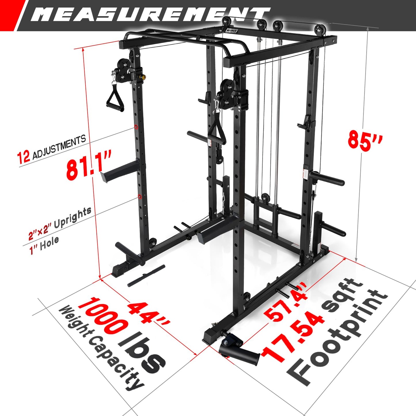 RitFit Multi-Function Squat Rack Power Cage PPC03 with Cable Crossover System, 1000LBS Capacity Power Rack and Packages with Optional Weight Bench, Barbell Weight Set, for Garage Workout & Home Gym