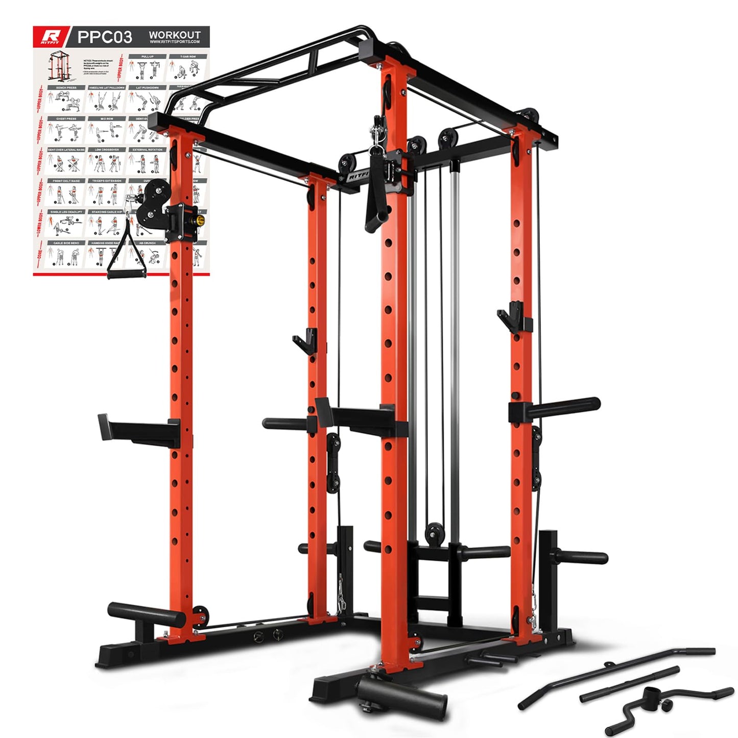 RitFit Multi-Function Squat Rack Power Cage PPC03 with Cable Crossover System, 1000LBS Capacity Power Rack and Packages with Optional Weight Bench, Barbell Weight Set, for Garage Workout & Home Gym