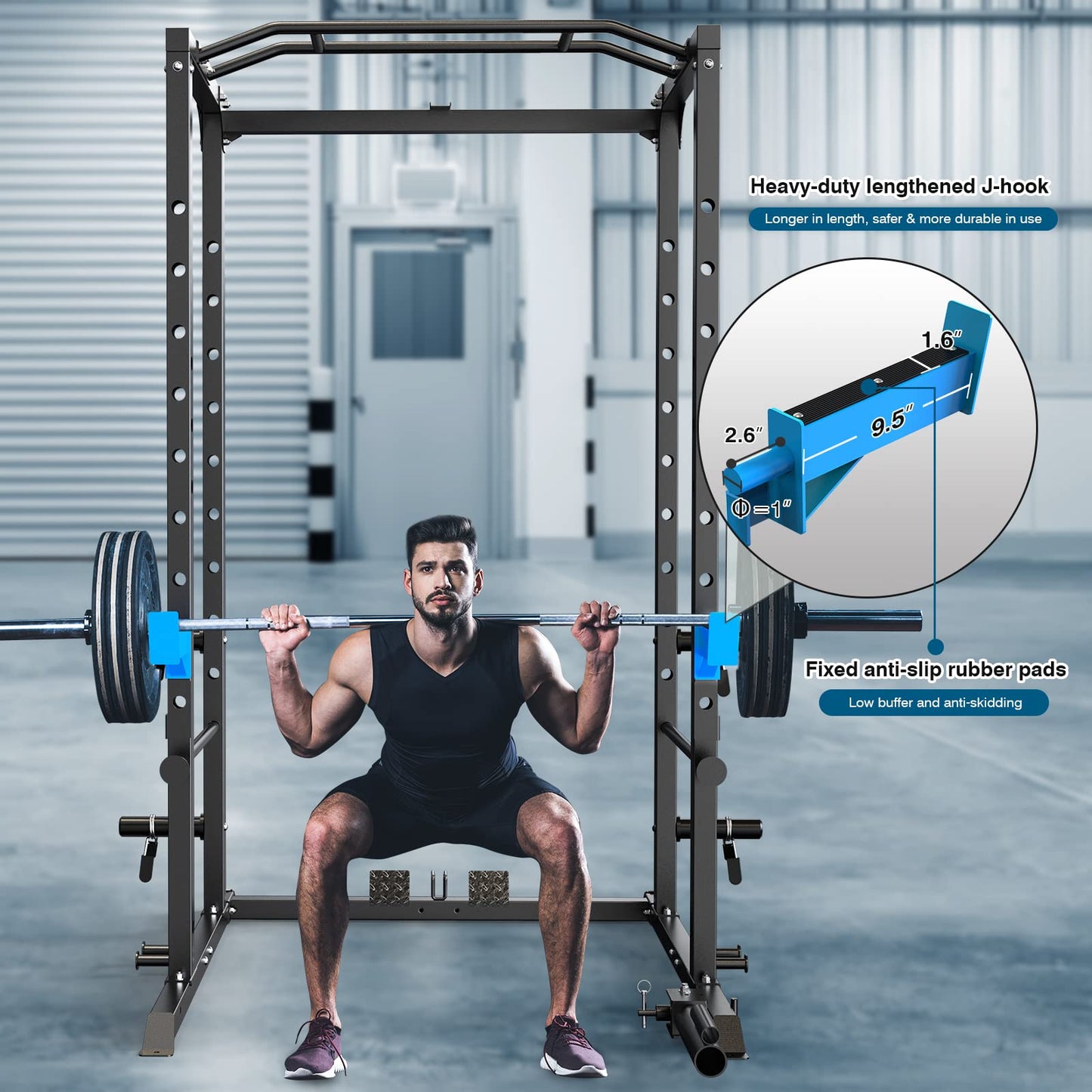 Power Cage, Multi-Functional Power Rack with J-Hooks, Dip Handles, Landmine Attachment and Optional Cable Pulley System for Home Gym