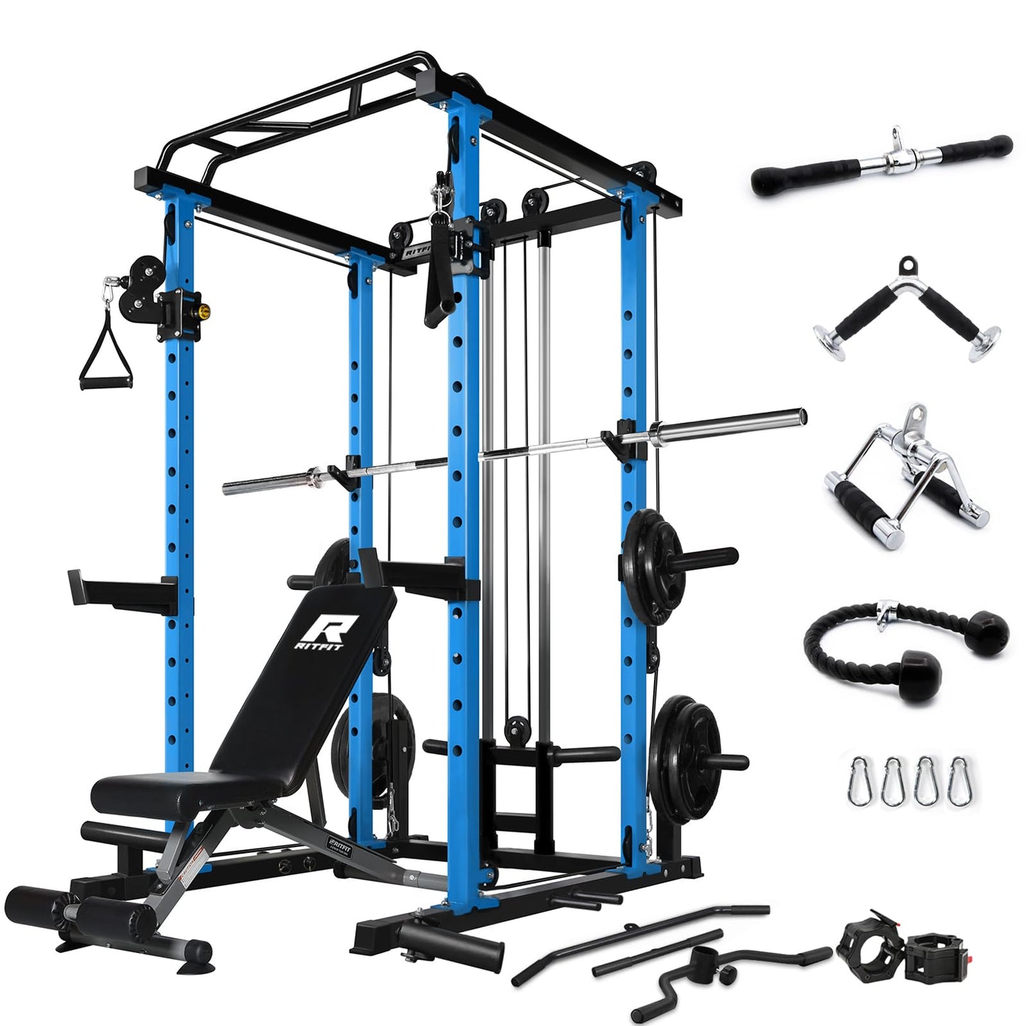 RitFit Multi-Function Squat Rack Power Cage PPC03 with Cable Crossover System, 1000LBS Capacity Power Rack and Packages with Optional Weight Bench, Barbell Weight Set, for Garage Workout & Home Gym