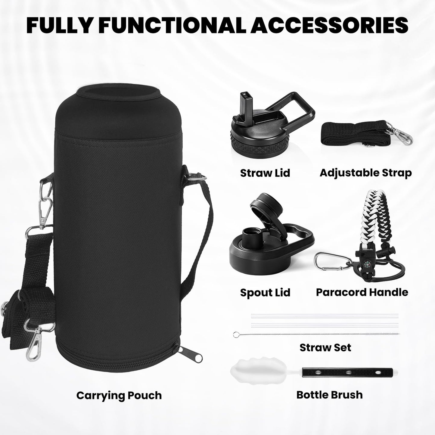 Insulated Water Bottle 64 oz, Triple Wall Vacuum Stainless Steel (Cold for 48 Hrs), Leak Proof & Non-BPA, Half Gallon Water Flask Jug with Paracord Handle & Straw Spout Lids, Magic Black