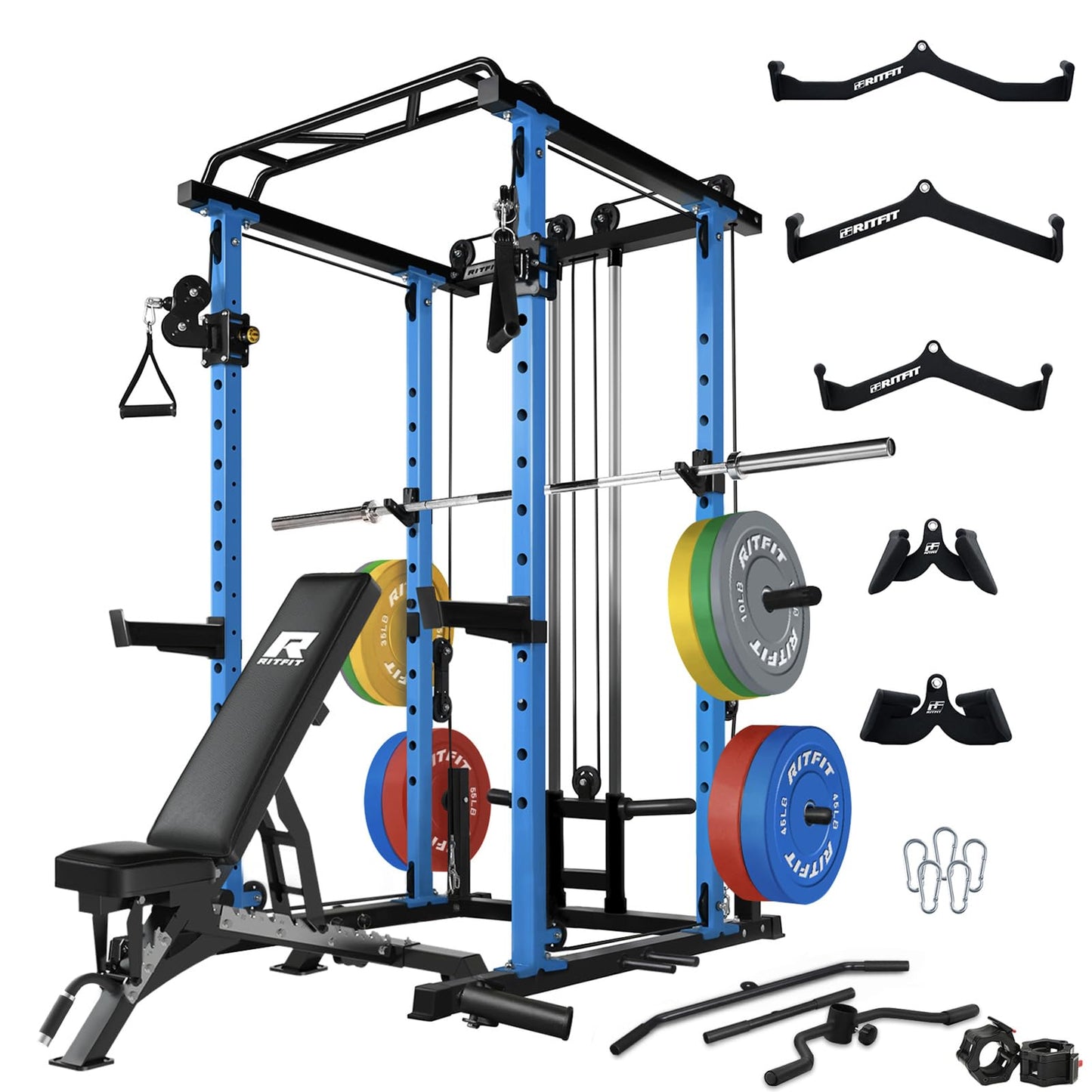 RitFit Multi-Function Squat Rack Power Cage PPC03 with Cable Crossover System, 1000LBS Capacity Power Rack and Packages with Optional Weight Bench, Barbell Weight Set, for Garage Workout & Home Gym