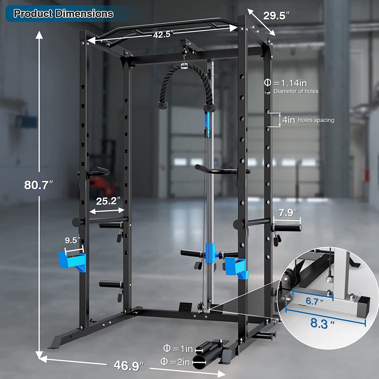 Power Cage, Multi-Functional Power Rack with J-Hooks, Dip Handles, Landmine Attachment and Optional Cable Pulley System for Home Gym