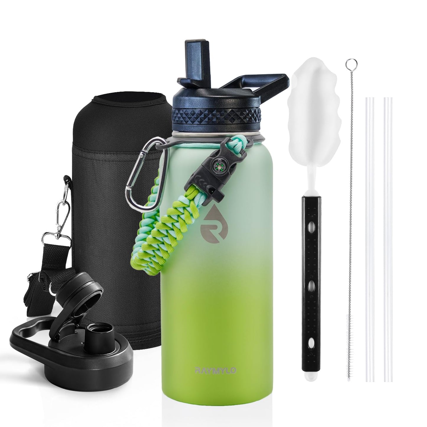 Insulated Water Bottle 64 oz, Triple Wall Vacuum Stainless Steel (Cold for 48 Hrs), Leak Proof & Non-BPA, Half Gallon Water Flask Jug with Paracord Handle & Straw Spout Lids, Magic Black