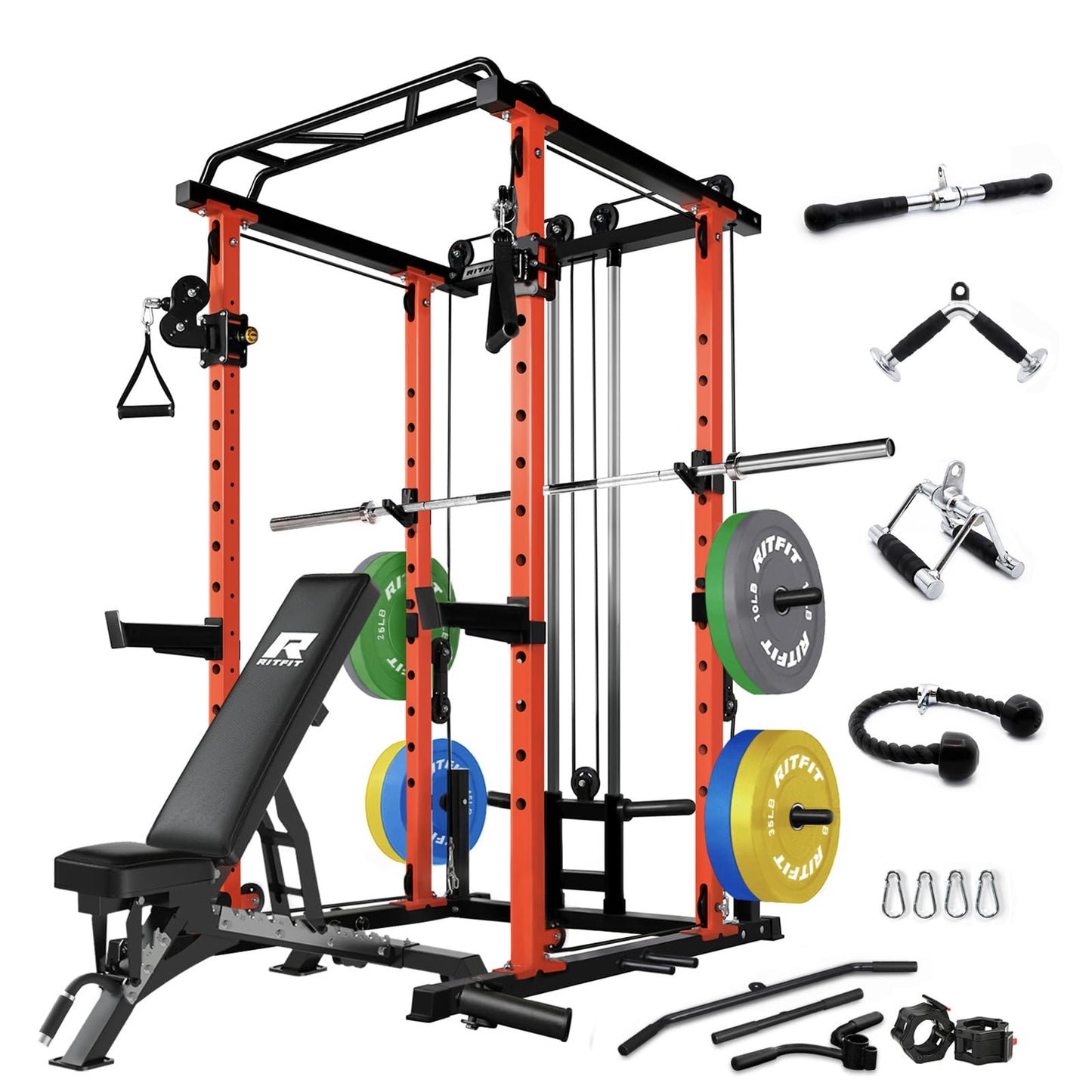 RitFit Multi-Function Squat Rack Power Cage PPC03 with Cable Crossover System, 1000LBS Capacity Power Rack and Packages with Optional Weight Bench, Barbell Weight Set, for Garage Workout & Home Gym