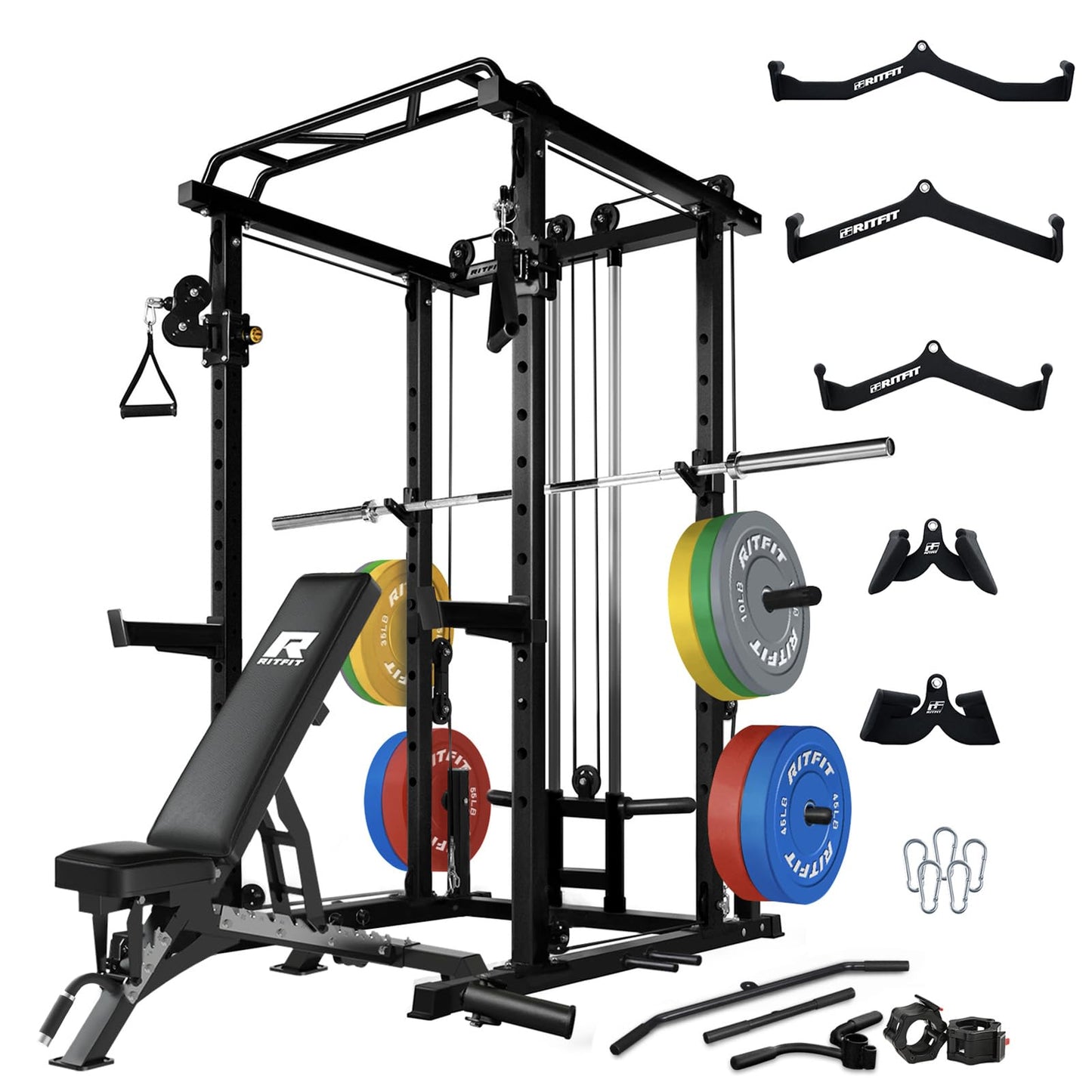 RitFit Multi-Function Squat Rack Power Cage PPC03 with Cable Crossover System, 1000LBS Capacity Power Rack and Packages with Optional Weight Bench, Barbell Weight Set, for Garage Workout & Home Gym