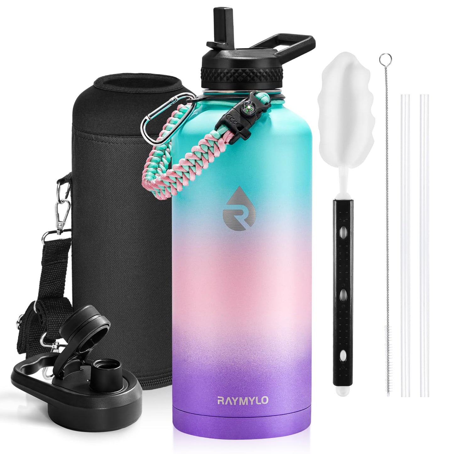 Insulated Water Bottle 64 oz, Triple Wall Vacuum Stainless Steel (Cold for 48 Hrs), Leak Proof & Non-BPA, Half Gallon Water Flask Jug with Paracord Handle & Straw Spout Lids, Magic Black