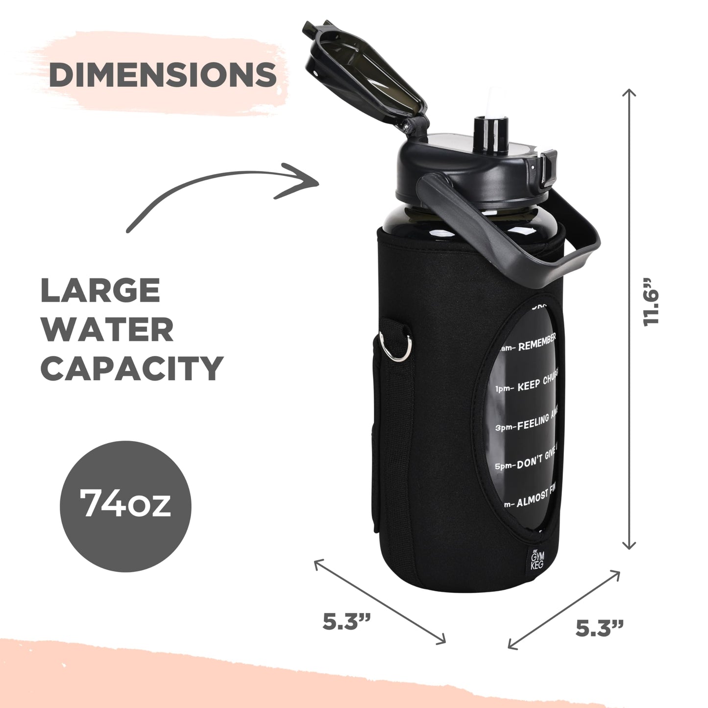 THE GYM KEG Water Bottle with Carrying Strap - 74 oz Bottle Jug with Sleeve & Phone Holder - BPA-free - Food-Grade - Sweat & Leak Proof - Reusable Water Jug for Workouts, Jogging, Travel, Gym - Black