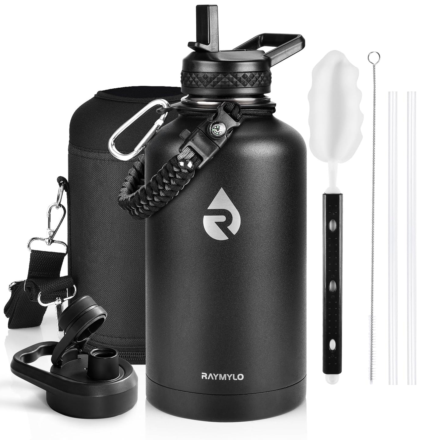 Insulated Water Bottle 64 oz, Triple Wall Vacuum Stainless Steel (Cold for 48 Hrs), Leak Proof & Non-BPA, Half Gallon Water Flask Jug with Paracord Handle & Straw Spout Lids, Magic Black