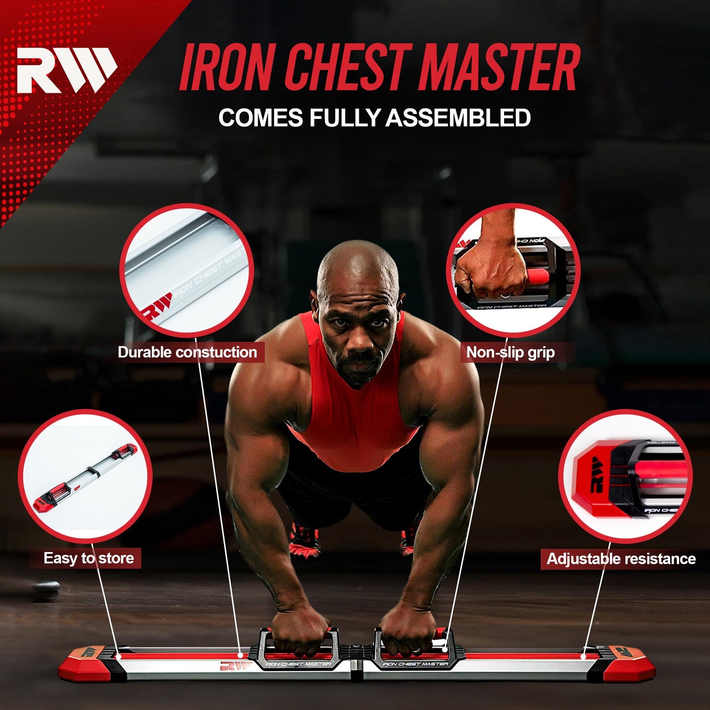 IRON CHEST MASTER Push Up Machine | Home Fitness Equipment for Chest Workouts | Home Gym Equipment Includes Adjustable Resistance Bands and a Unique Fitness Program