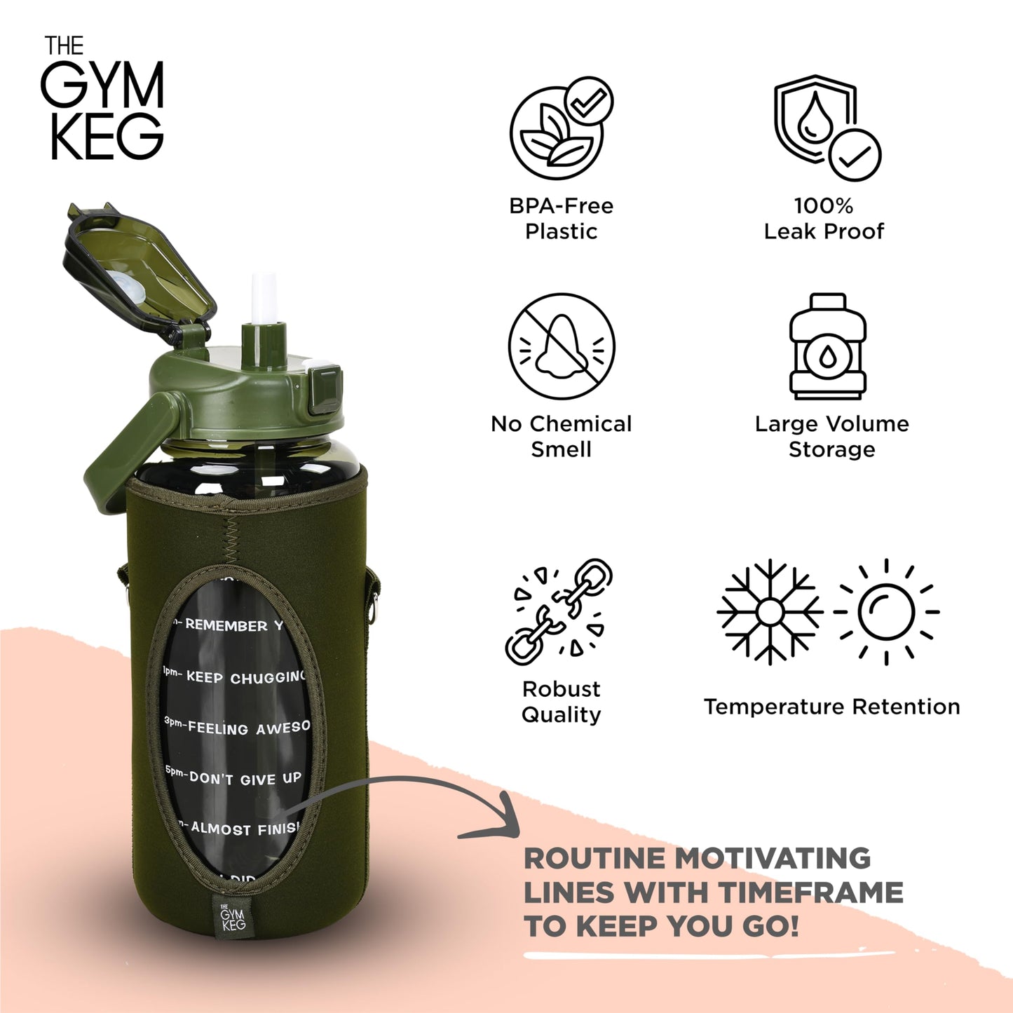 THE GYM KEG Water Bottle with Carrying Strap - 74 oz Bottle Jug with Sleeve & Phone Holder - BPA-free - Food-Grade - Sweat & Leak Proof - Reusable Water Jug for Workouts, Jogging, Travel, Gym - Black