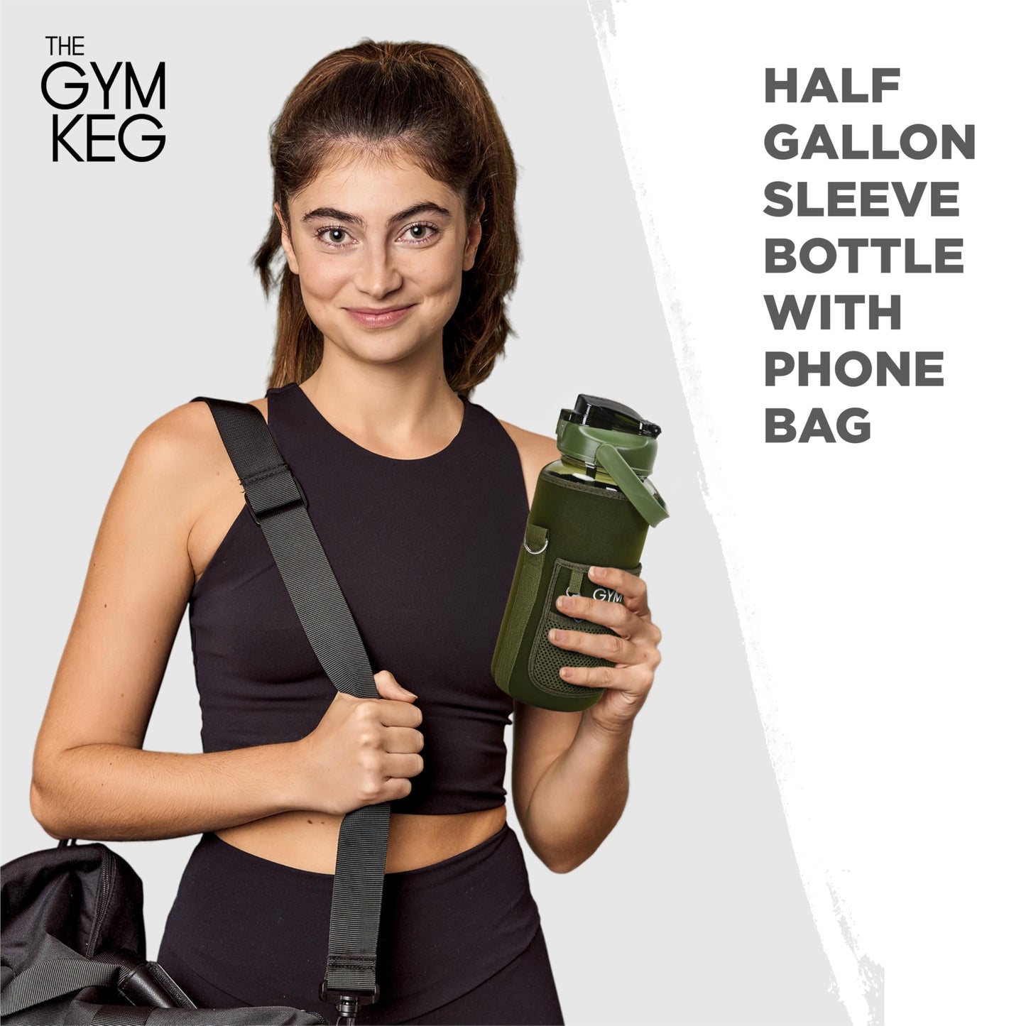 THE GYM KEG Water Bottle with Carrying Strap - 74 oz Bottle Jug with Sleeve & Phone Holder - BPA-free - Food-Grade - Sweat & Leak Proof - Reusable Water Jug for Workouts, Jogging, Travel, Gym - Black