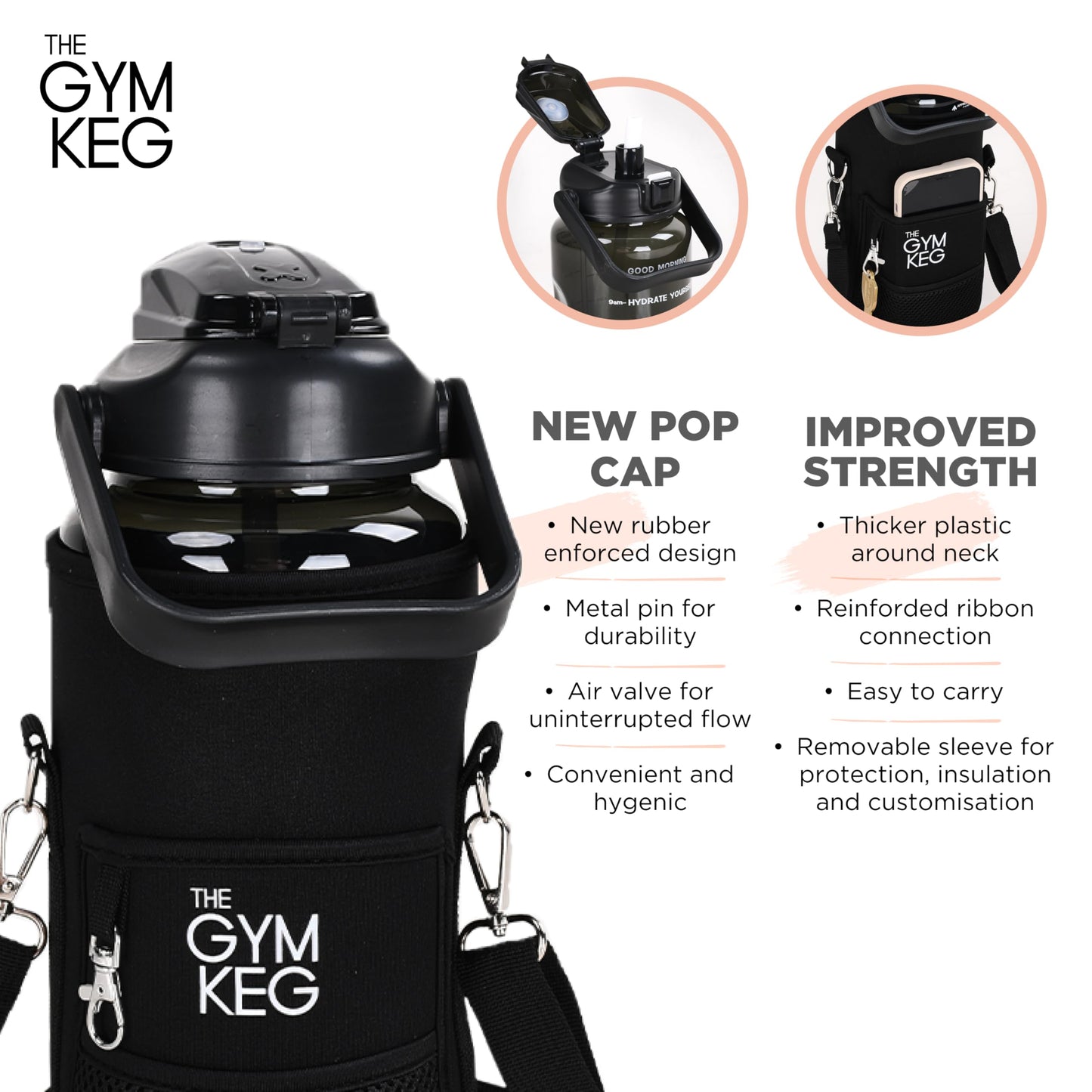 THE GYM KEG Water Bottle with Carrying Strap - 74 oz Bottle Jug with Sleeve & Phone Holder - BPA-free - Food-Grade - Sweat & Leak Proof - Reusable Water Jug for Workouts, Jogging, Travel, Gym - Black