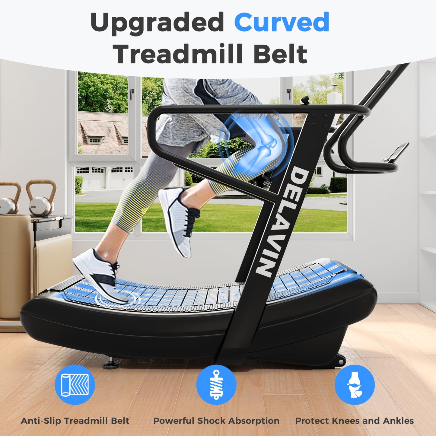 DELAVIN Curved Manual Treadmill, Non Electric Treadmill with 4 Resistance Levels, Motorless Treadmill with Front Digital Display and Handlebar, Wide Belt Treadmill 440LBS Capacity for Home Gym(FBA)